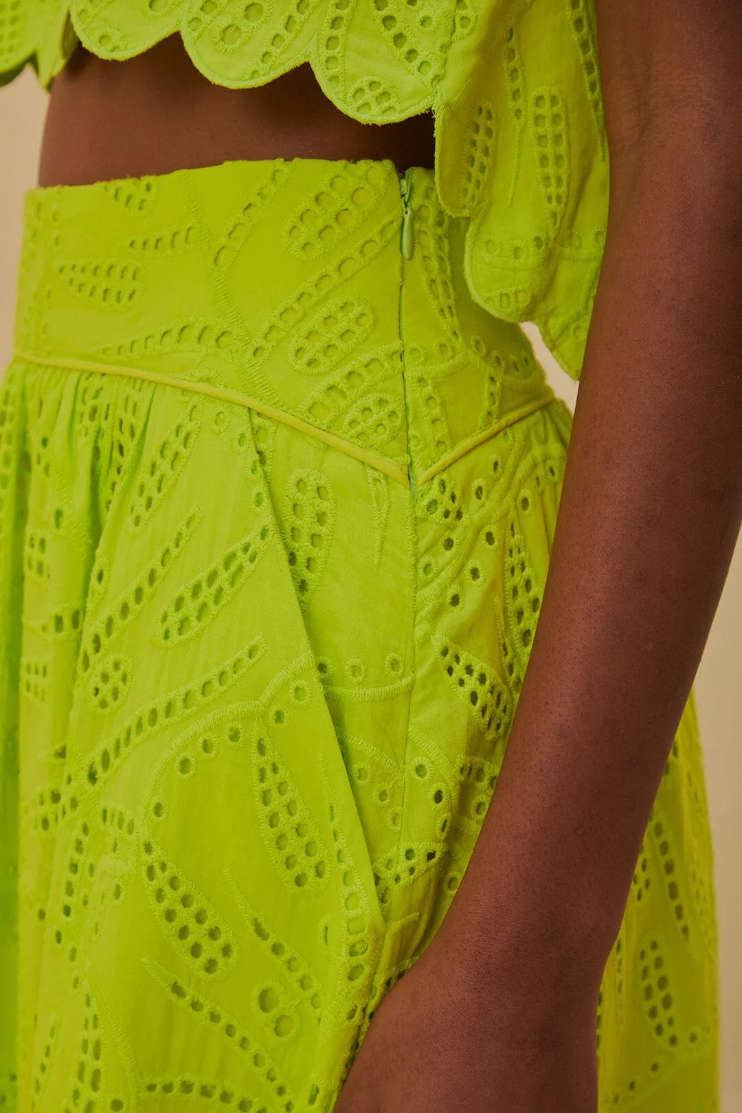 Green Monstera Eyelet Maxi Skirt Light Edge