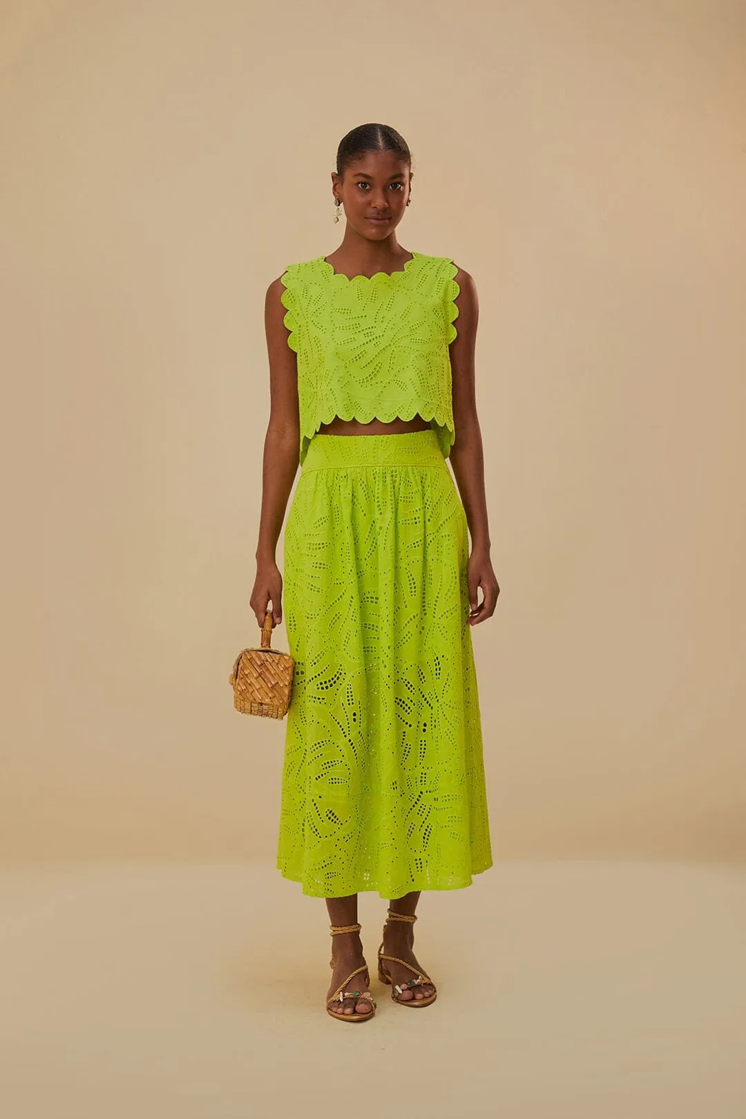 Green Monstera Eyelet Maxi Skirt Stretch Comfort Maximalist look