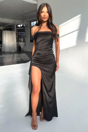 Stone Glow Saoirse Off Shoulder Satin Maxi Dress - Black