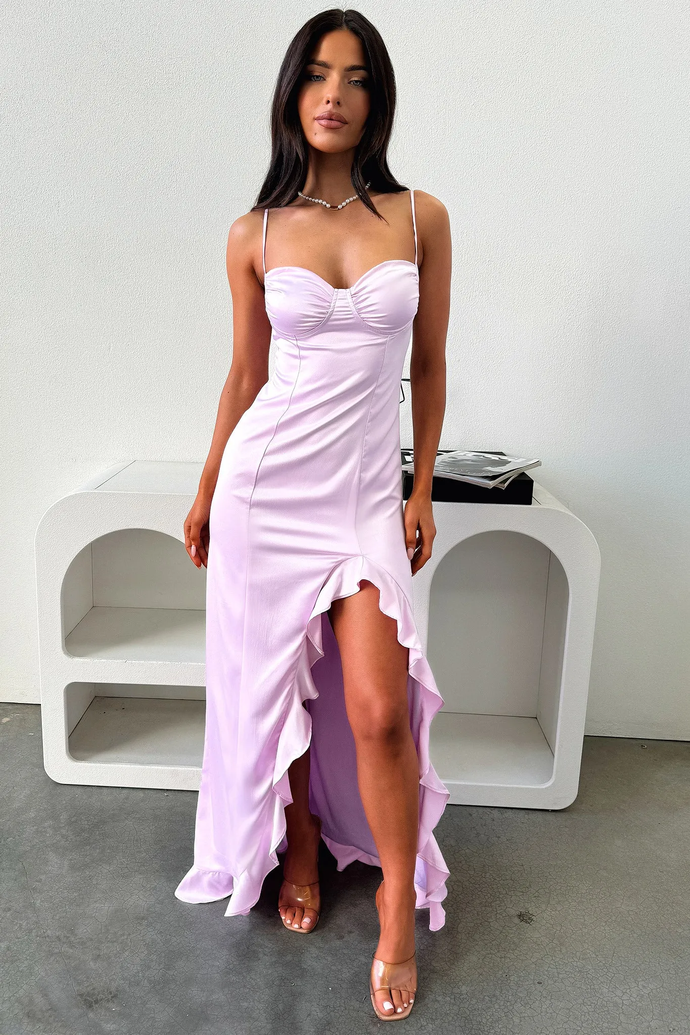 This dress provides the ideal balance of style and comfort making it a wardrobe essential Lauren Ruffle Trim Satin Maxi Dress - Lilac