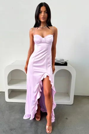 Azure Tide Print Art Lauren Ruffle Trim Satin Maxi Dress - Lilac