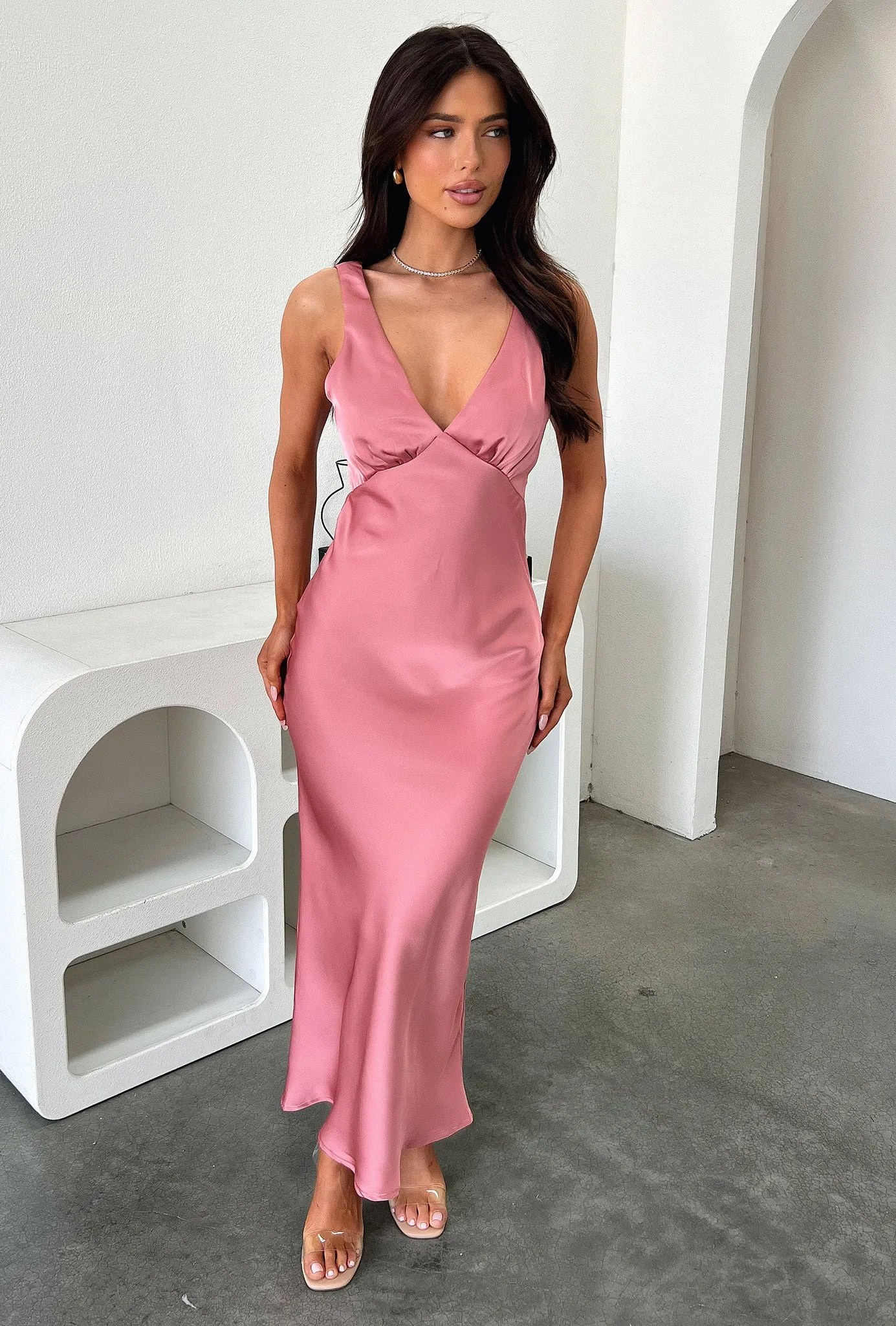 Delayne V-Neck Satin Midi Dress - Rose Metal Shine