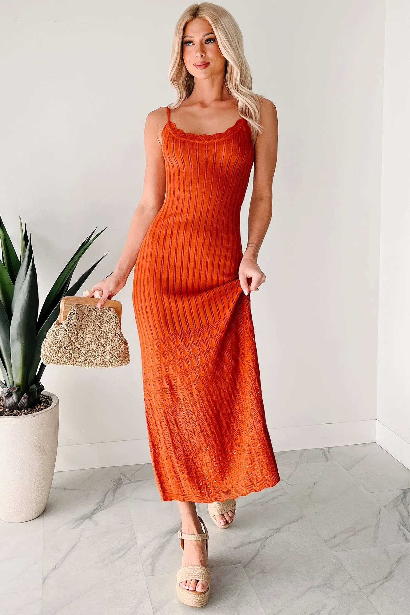 Flowy Dreams Sleeveless Crochet Maxi Dress (Burnt Orange) Island Edge