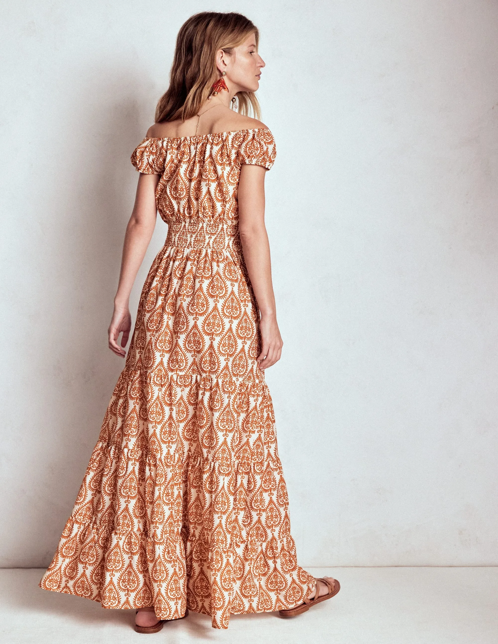 Velvet Glow Scoop Cotton Tiered Dress-Cognac, Ornate Geo