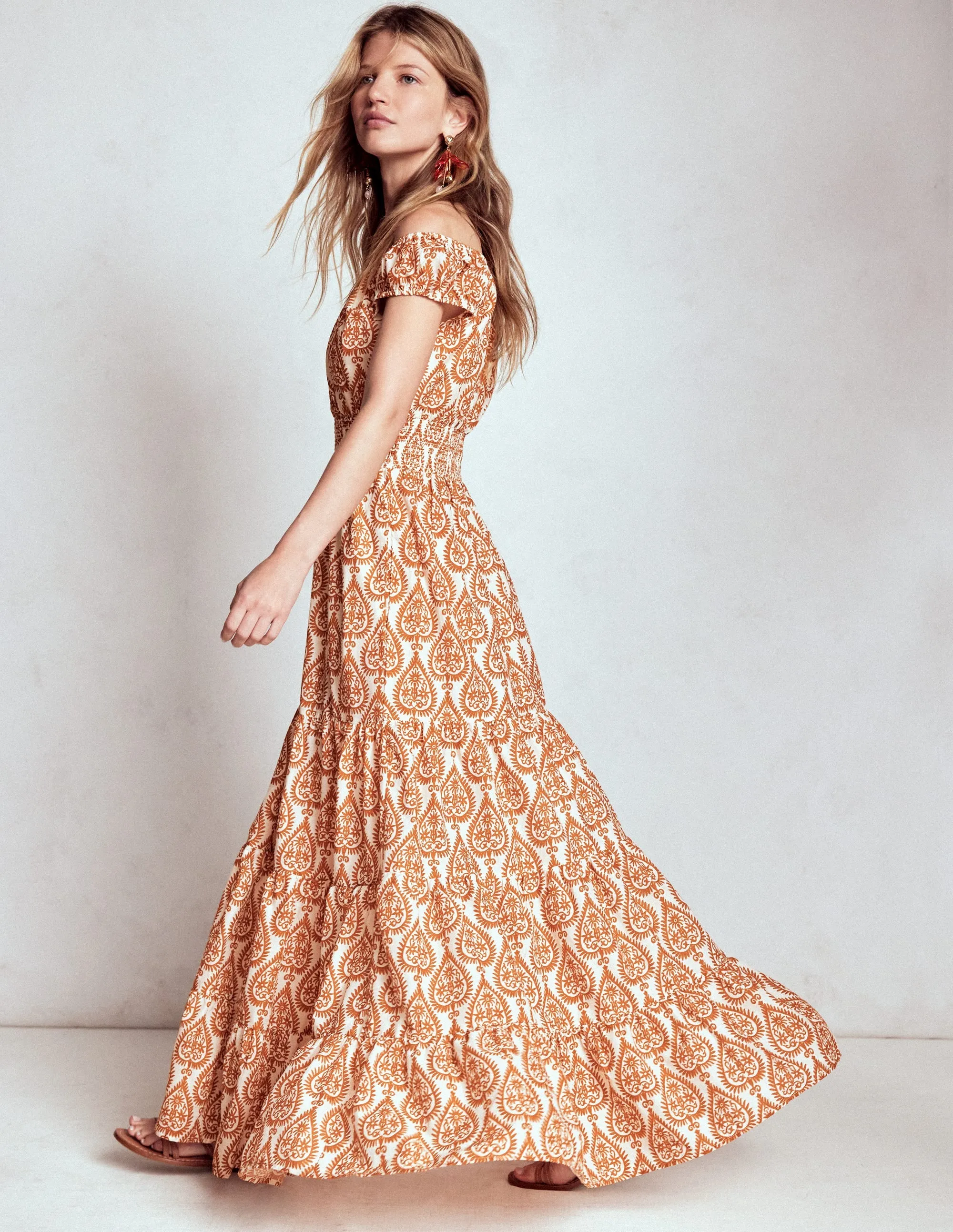 Elegant dress for evening Scoop Cotton Tiered Dress-Cognac, Ornate Geo