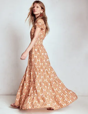 Elegant dress for evening Scoop Cotton Tiered Dress-Cognac, Ornate Geo