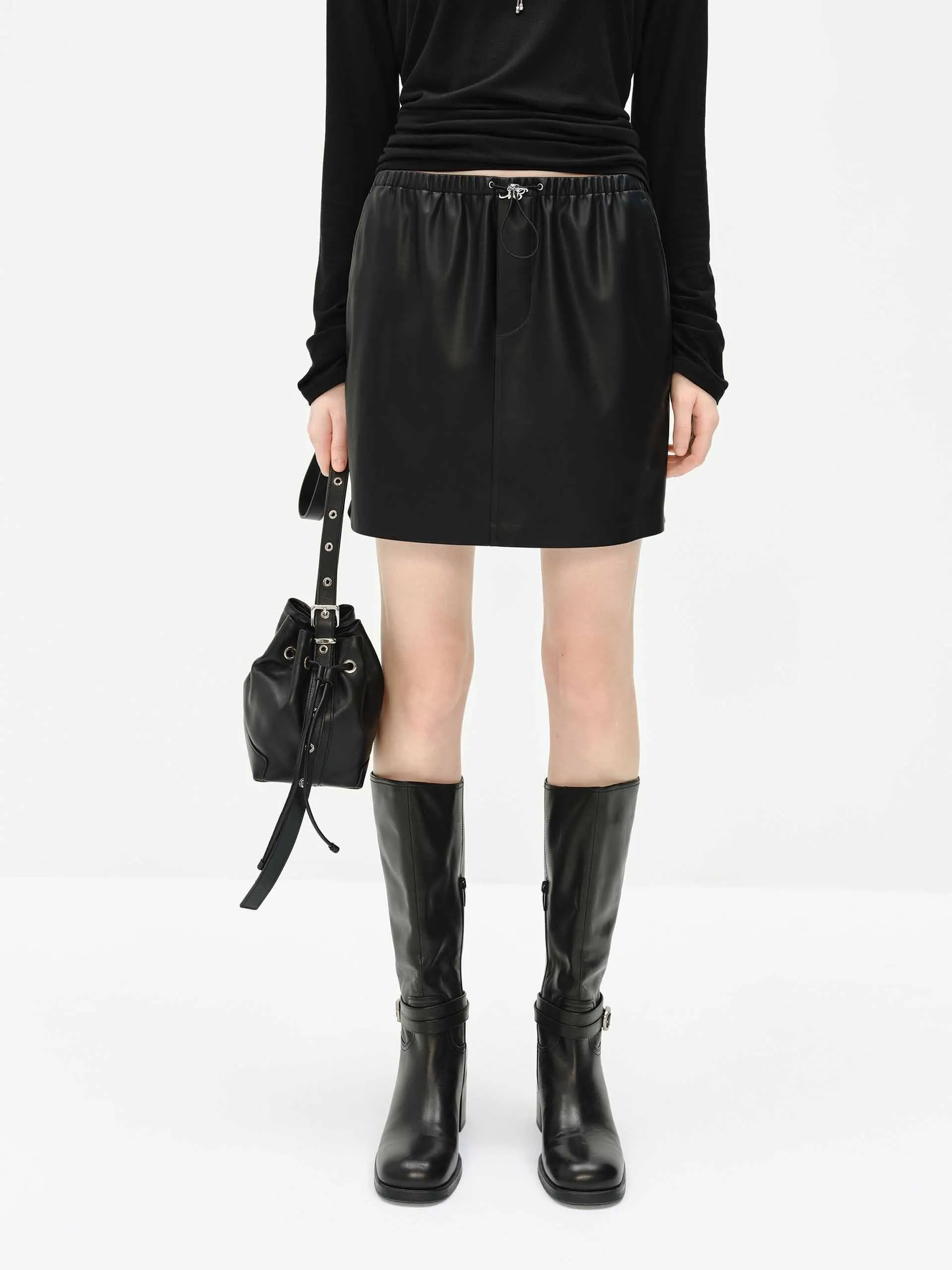 Elastic Waist Leather Skirt Signature Line