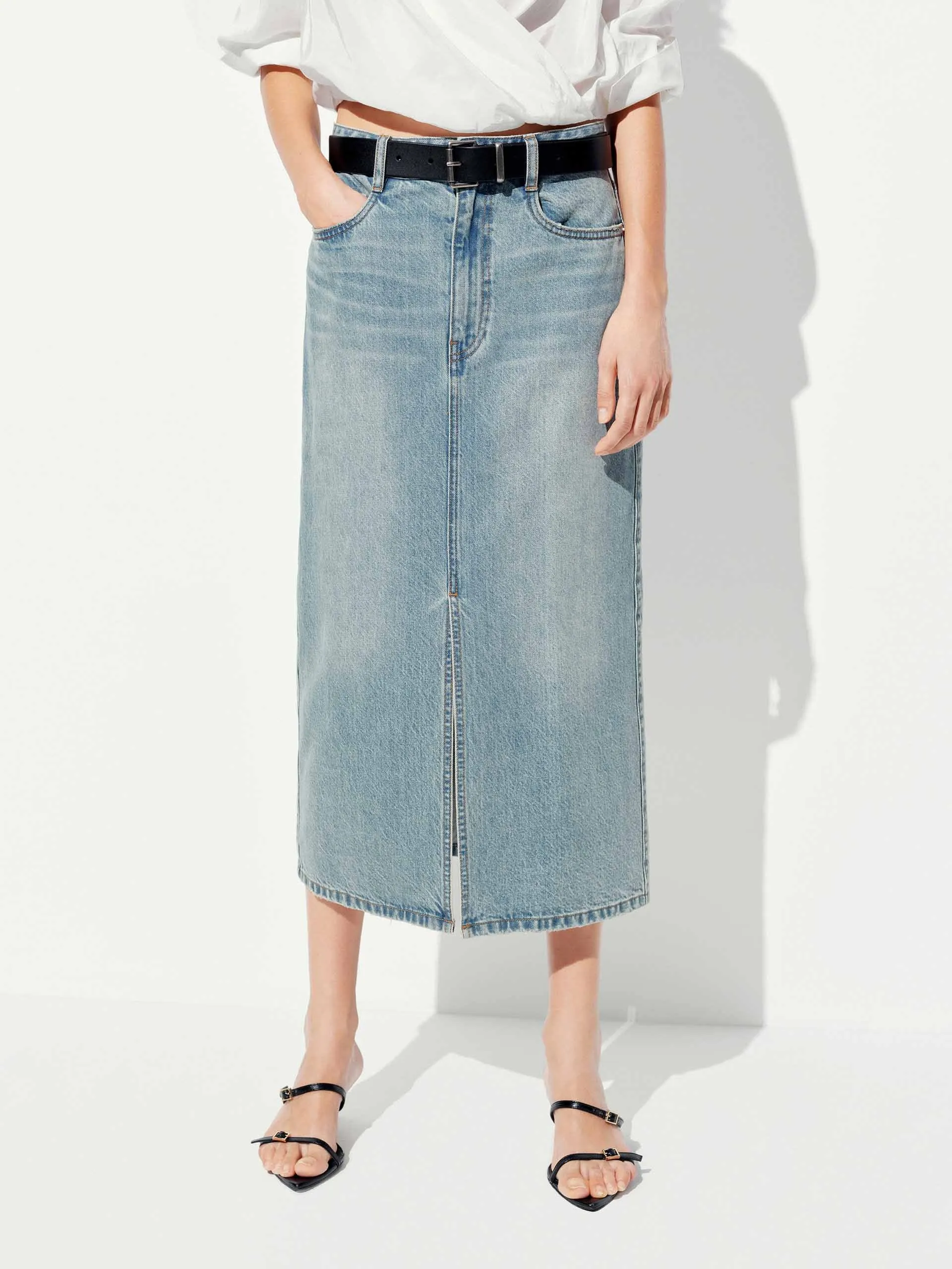 Cotton Denim Midi Skirt Shirred Back