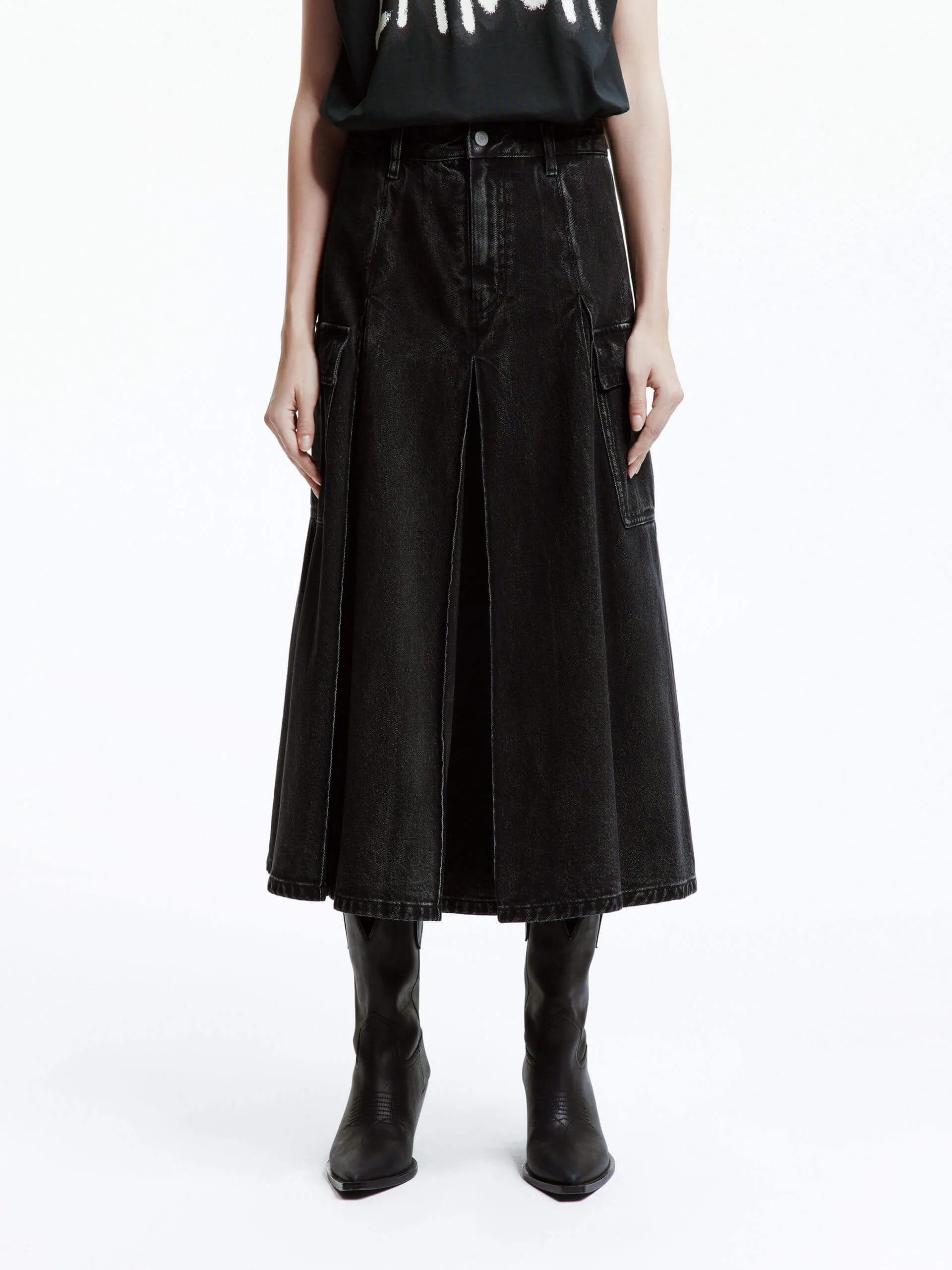 A-line Denim Midi Skirt Semi Sheer