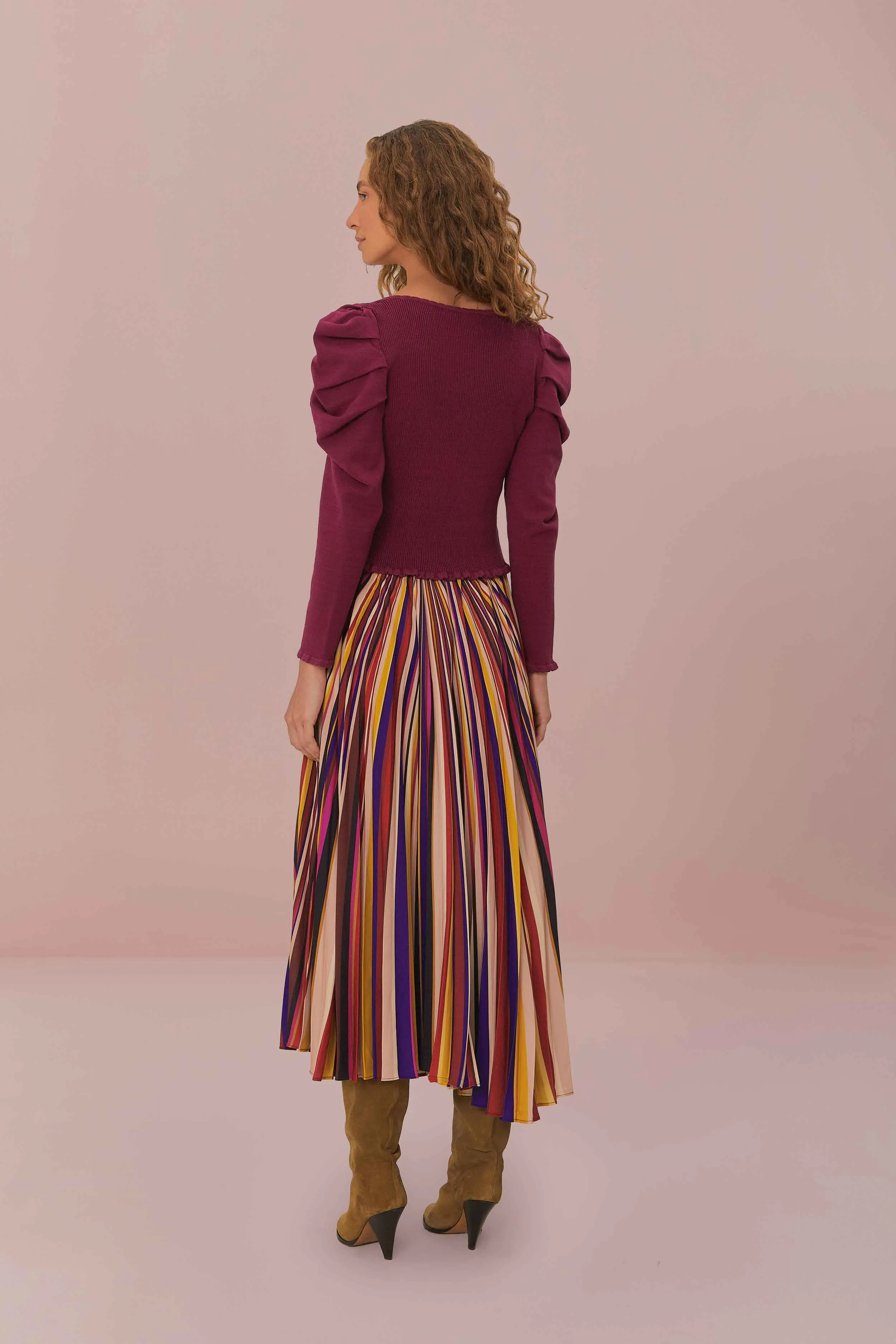 Polka Dot Contrast Panel Multicolor Diagonal Stripes Pleated Maxi Skirt