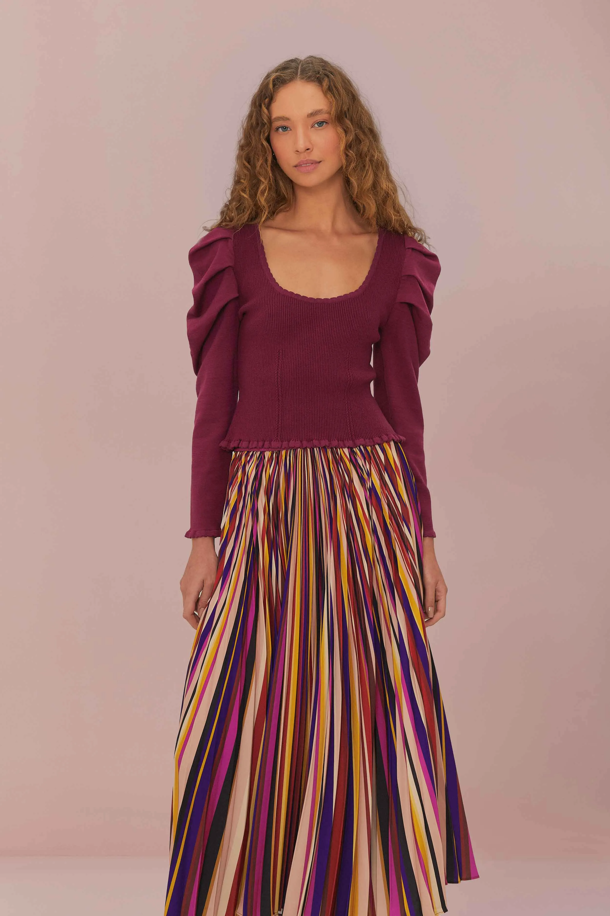 Light Touch Soft Finish Multicolor Diagonal Stripes Pleated Maxi Skirt