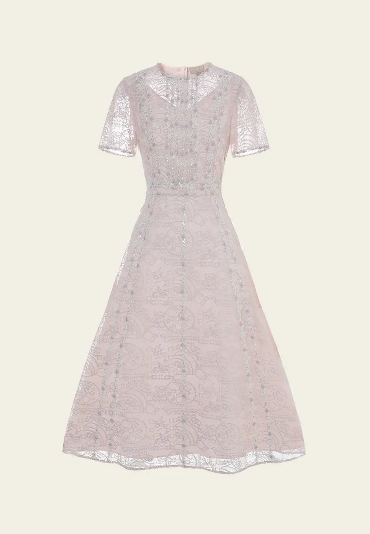 Floral-embroidered Lace Dress BreathableMesh ReflectiveTrimDetails