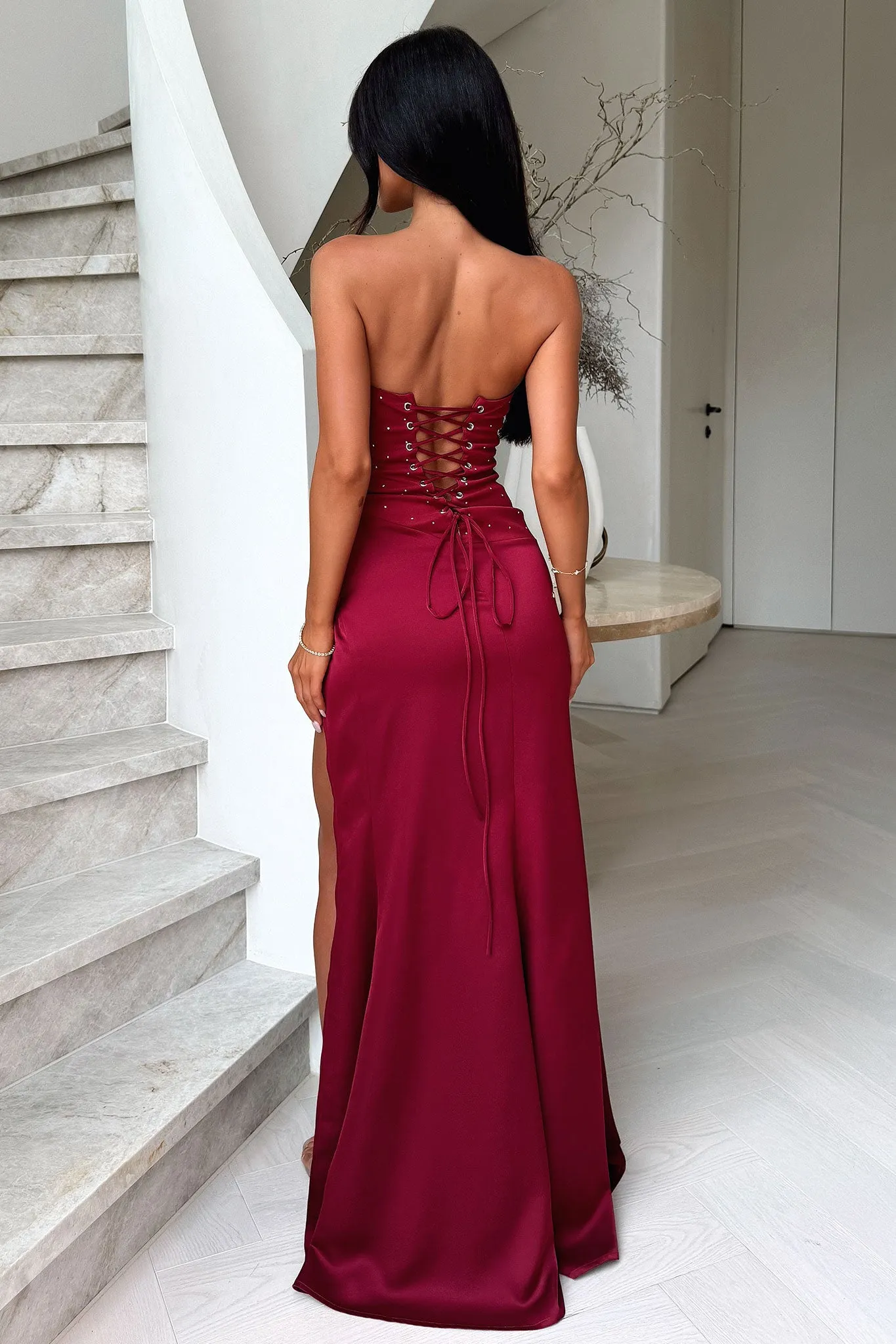 Manali Strapless Corset Maxi Dress - Burgundy Off Shoulder