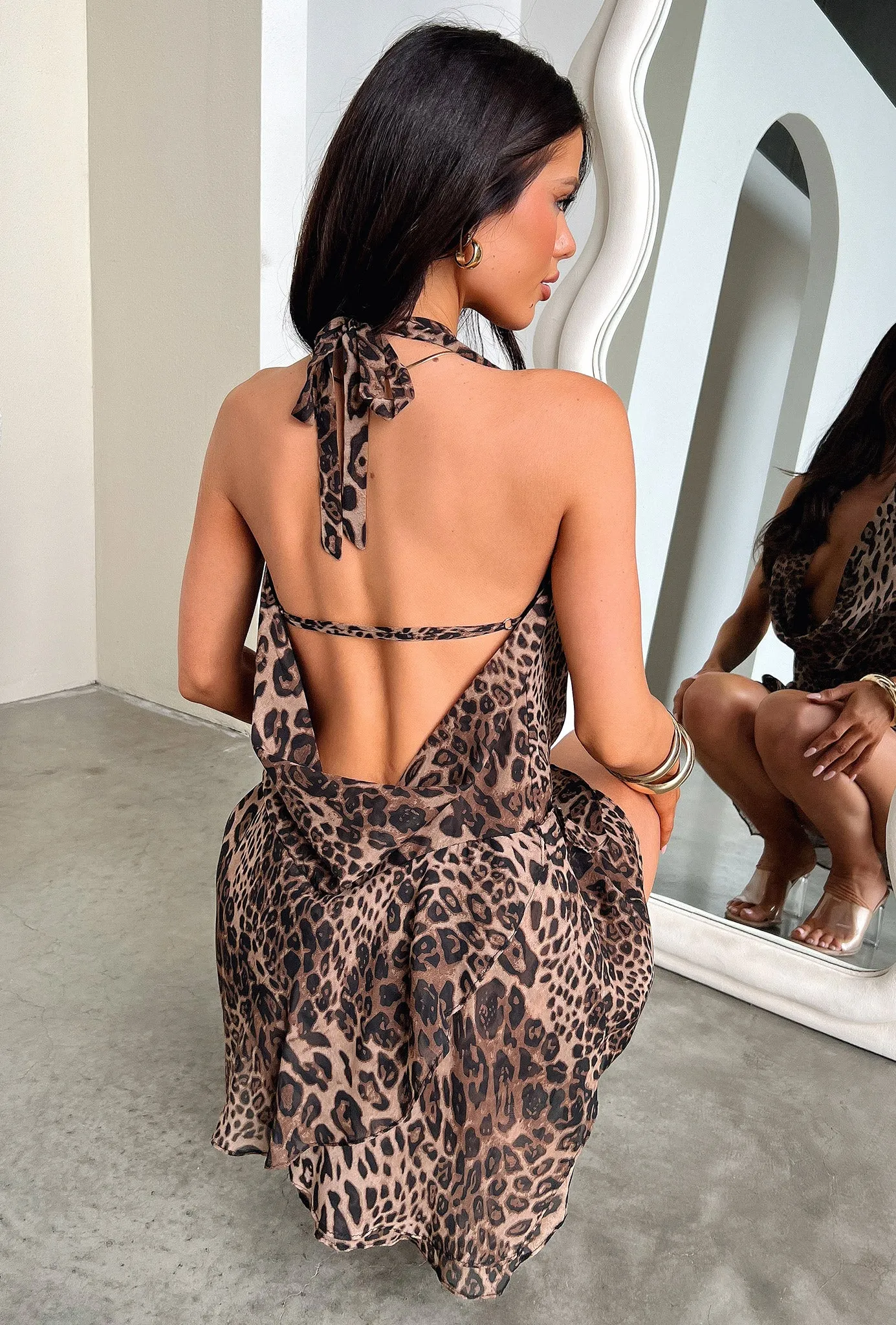 Cleo Plunge Cowl Neck Mini Dress - Leopard Shine Star