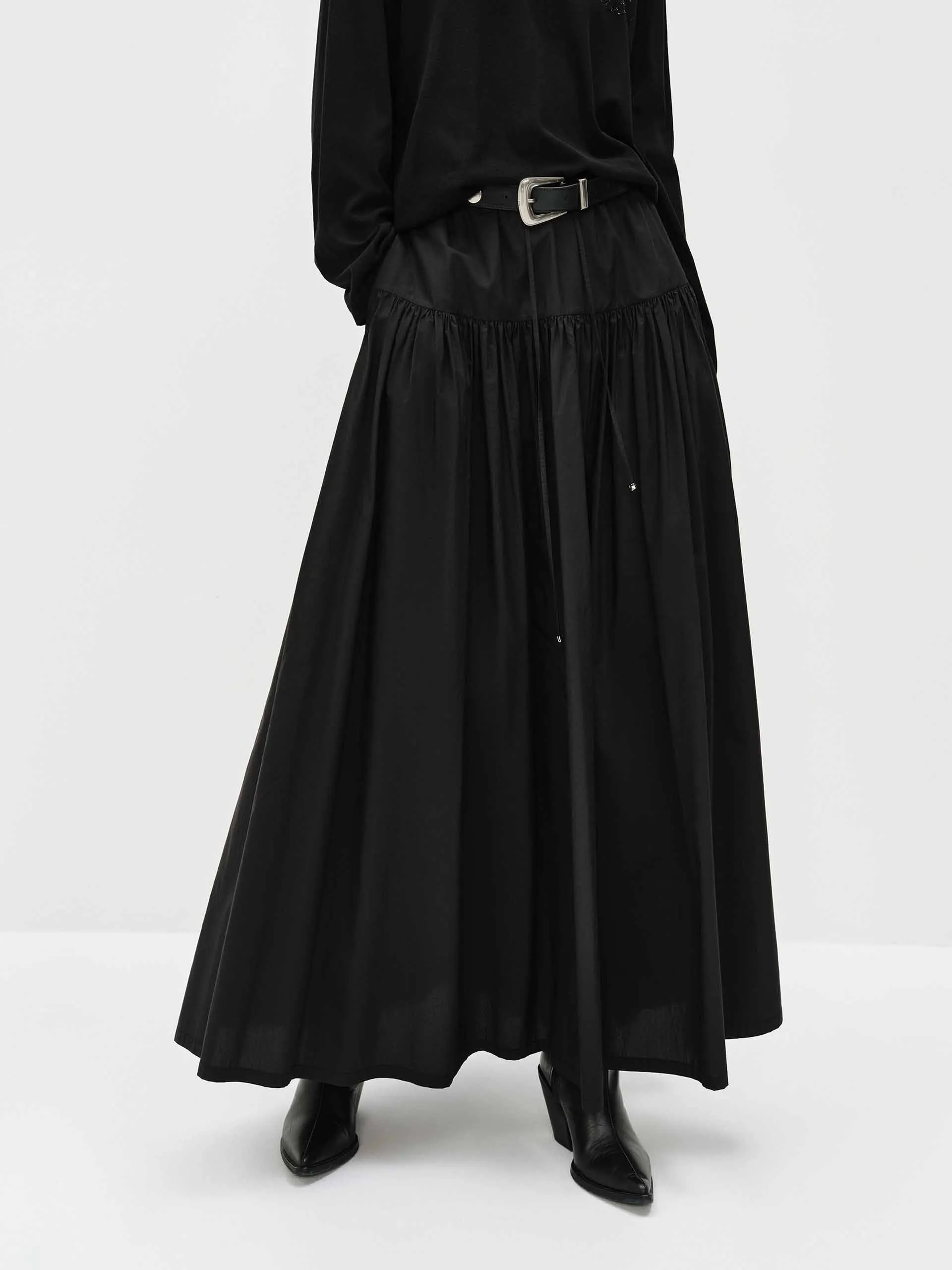 Drawstring A-line Maxi Skirt Mid Rise