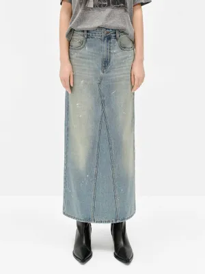 Splash Details Denim Skirt Stretch Material Built In Shorts