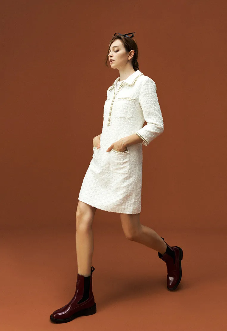 Lapel White Tweed Gold-detailing Long Sleeve Dress QuickReleaseFastener Photo Glam