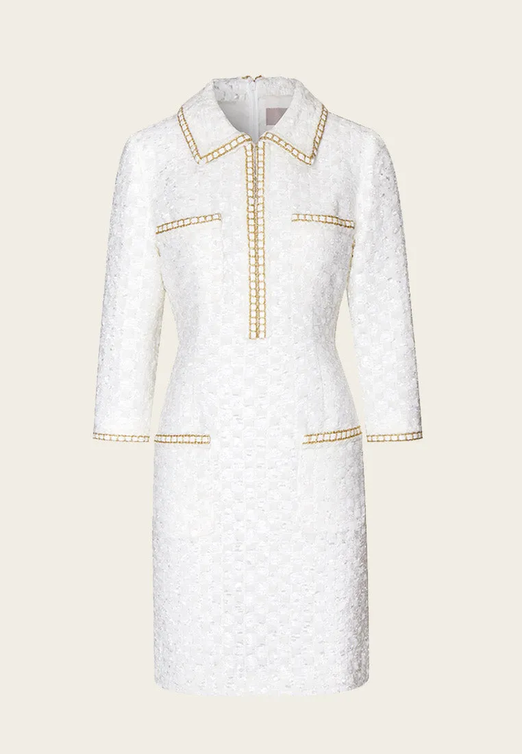 Ship Glow Fame Glow Lapel White Tweed Gold-detailing Long Sleeve Dress