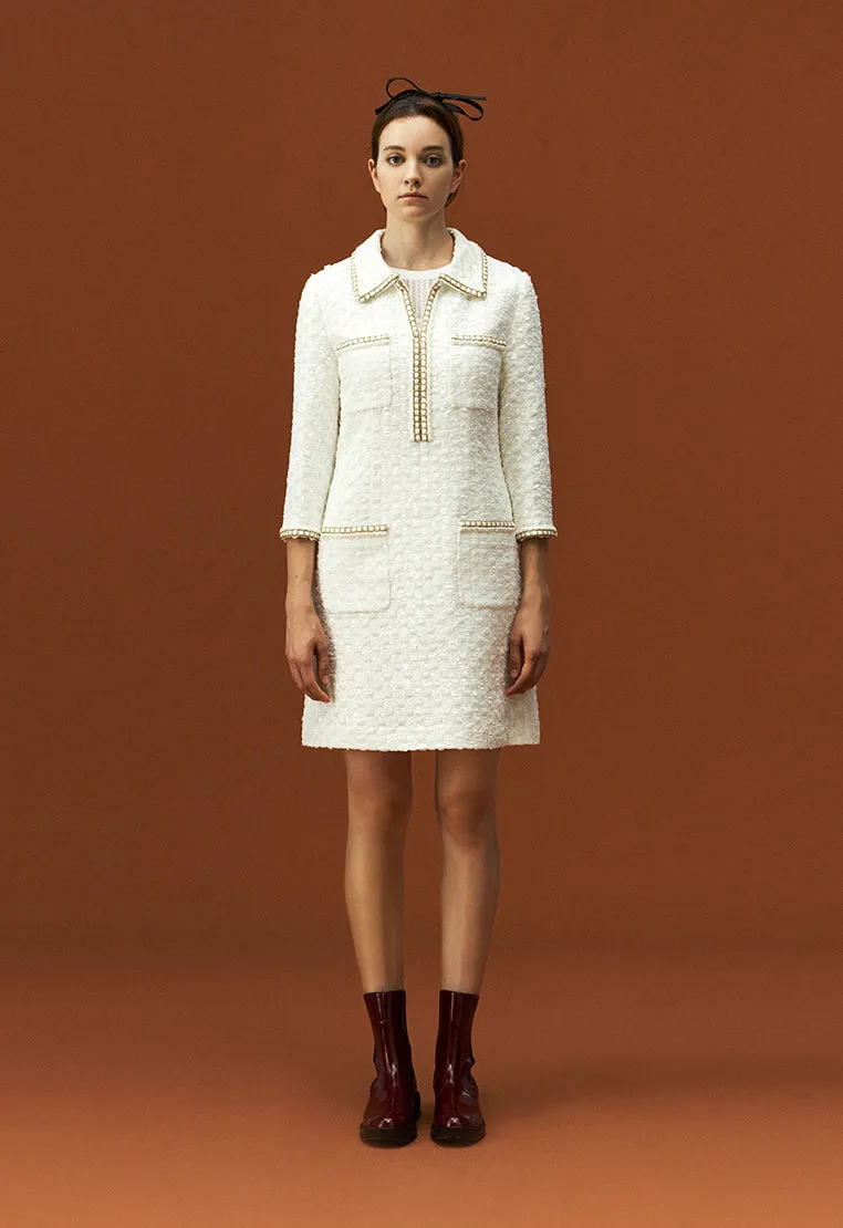 Lapel White Tweed Gold-detailing Long Sleeve Dress FrictionReducing Lining