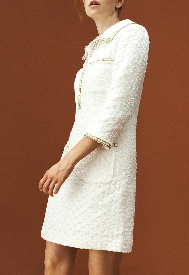 Tough Core QuickPackable Design Lapel White Tweed Gold-detailing Long Sleeve Dress
