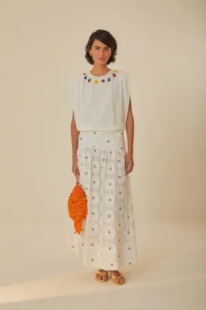 White Daisy 3D Flower Embroidered Maxi Skirt casual finish