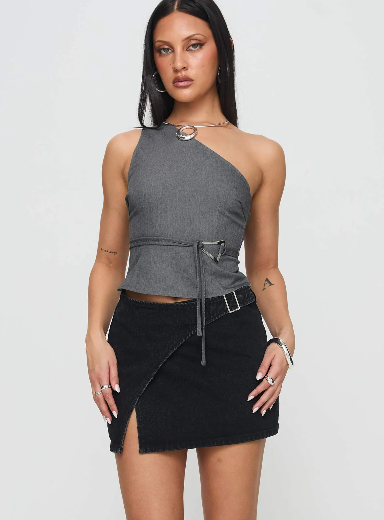Non Irritating Edges Contemporary Mood Wait Up Denim Wrap Mini Skirt Washed Black