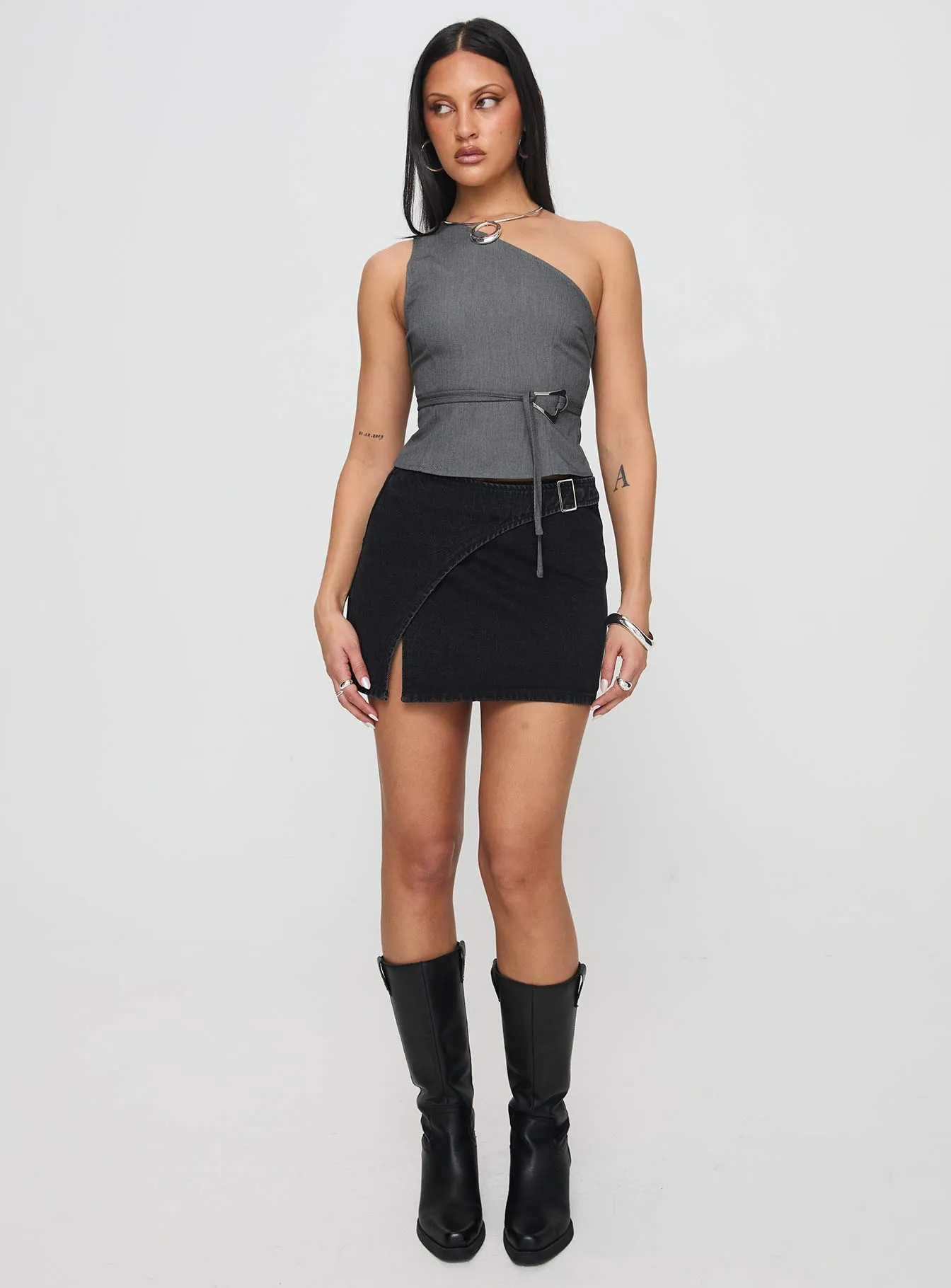 natural fiber Wait Up Denim Wrap Mini Skirt Washed Black