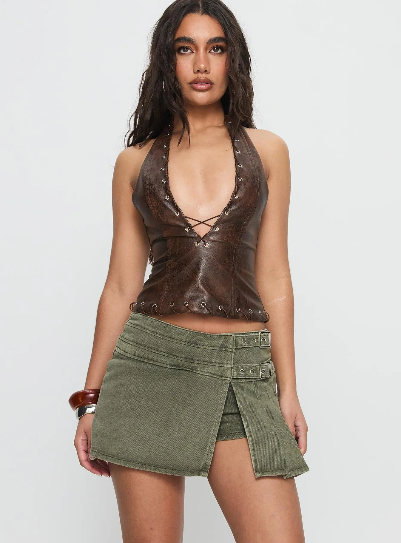 Generous Wrap Buckle Skort Washed Khaki Street Look Stylish Choice