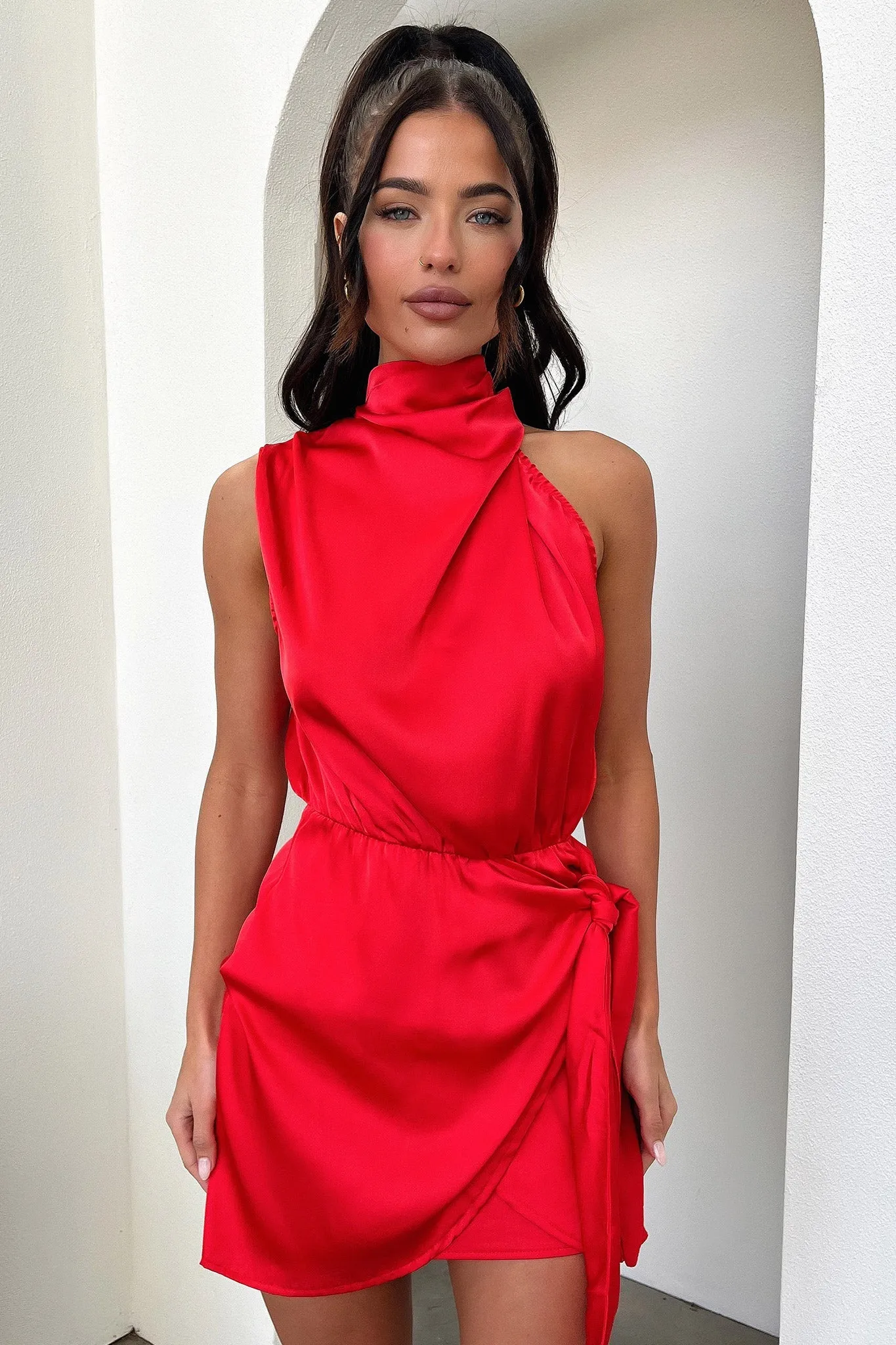 Adjustable Hem Edge Soft Santorini Mini Dress - Red