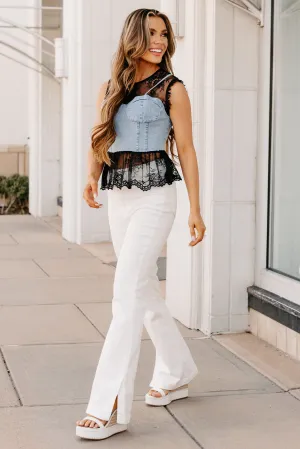 Lightweight Knit Ribbed Hem Claudette High Rise Flare Judy Blue Jeans (White)