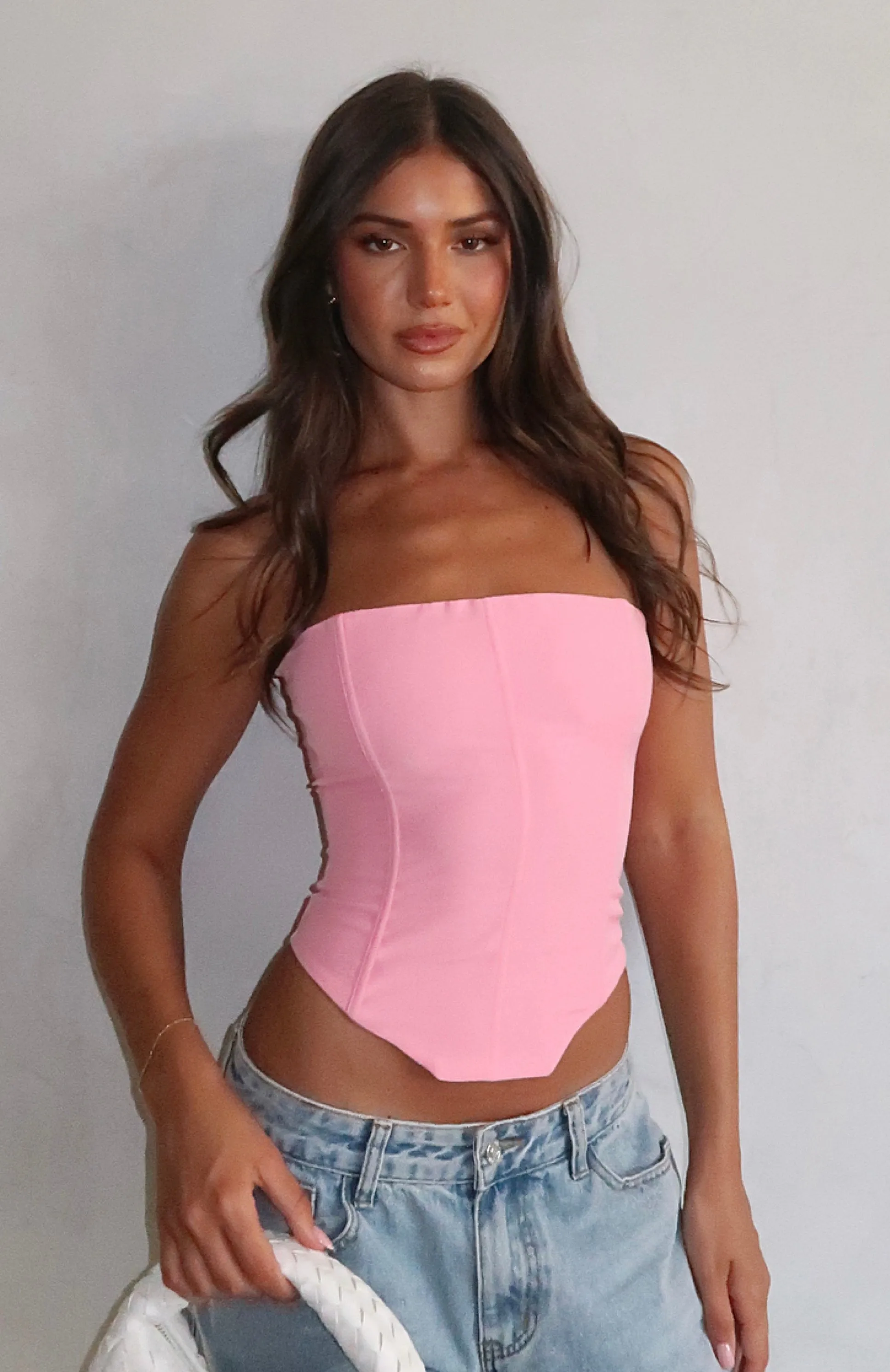 Let It Go Strapless Bustier Bubblegum WrinkleResistantWeave Petal Sleeve Architecture