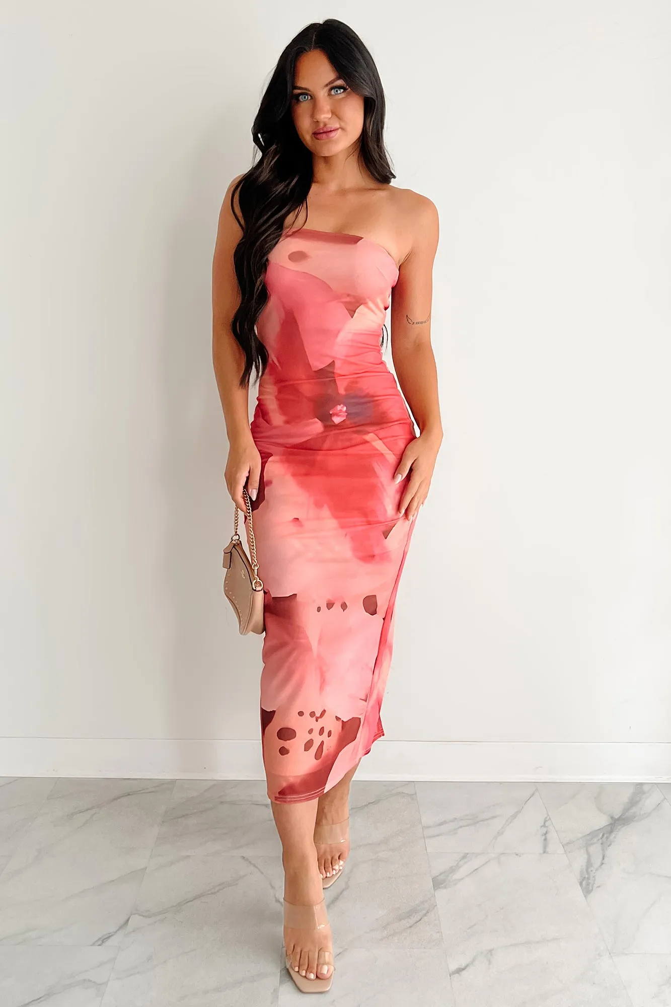Soft fabric knee-length dress Jade Glow By The Sea Printed Mesh Strapless Midi Dress (Coral Multi)