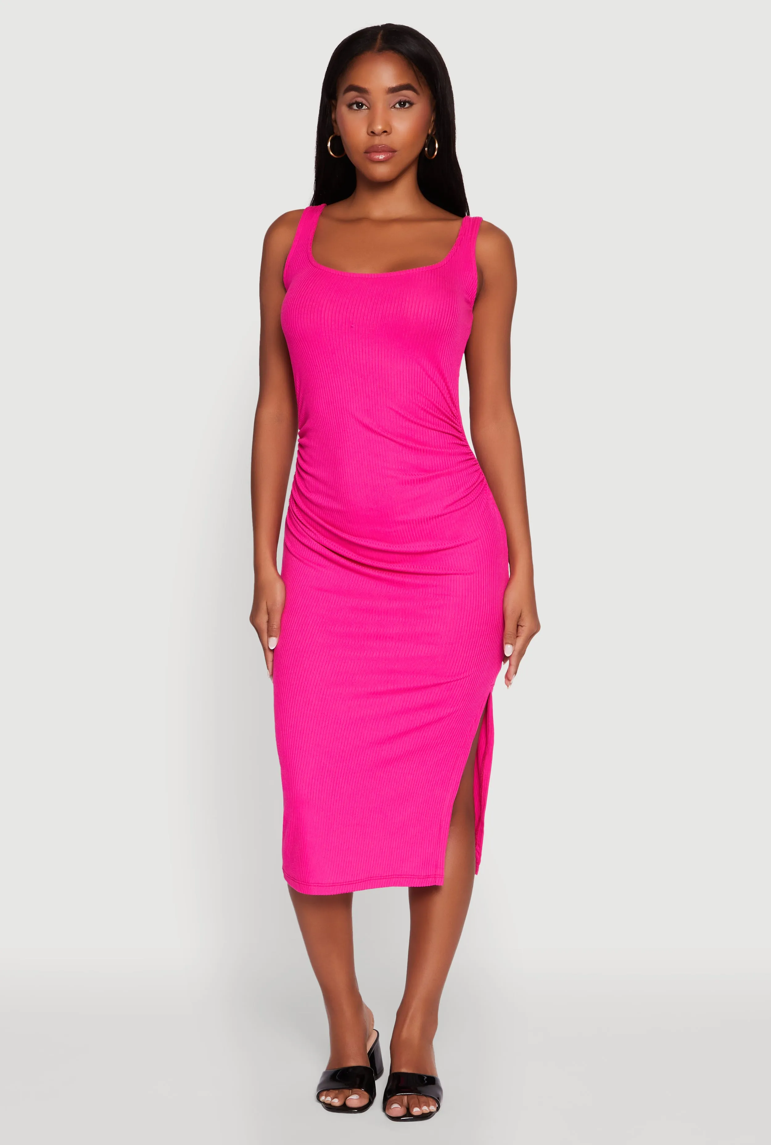 Ocean Breeze Rib Knit Side Slit Ruched Side Midi Dress