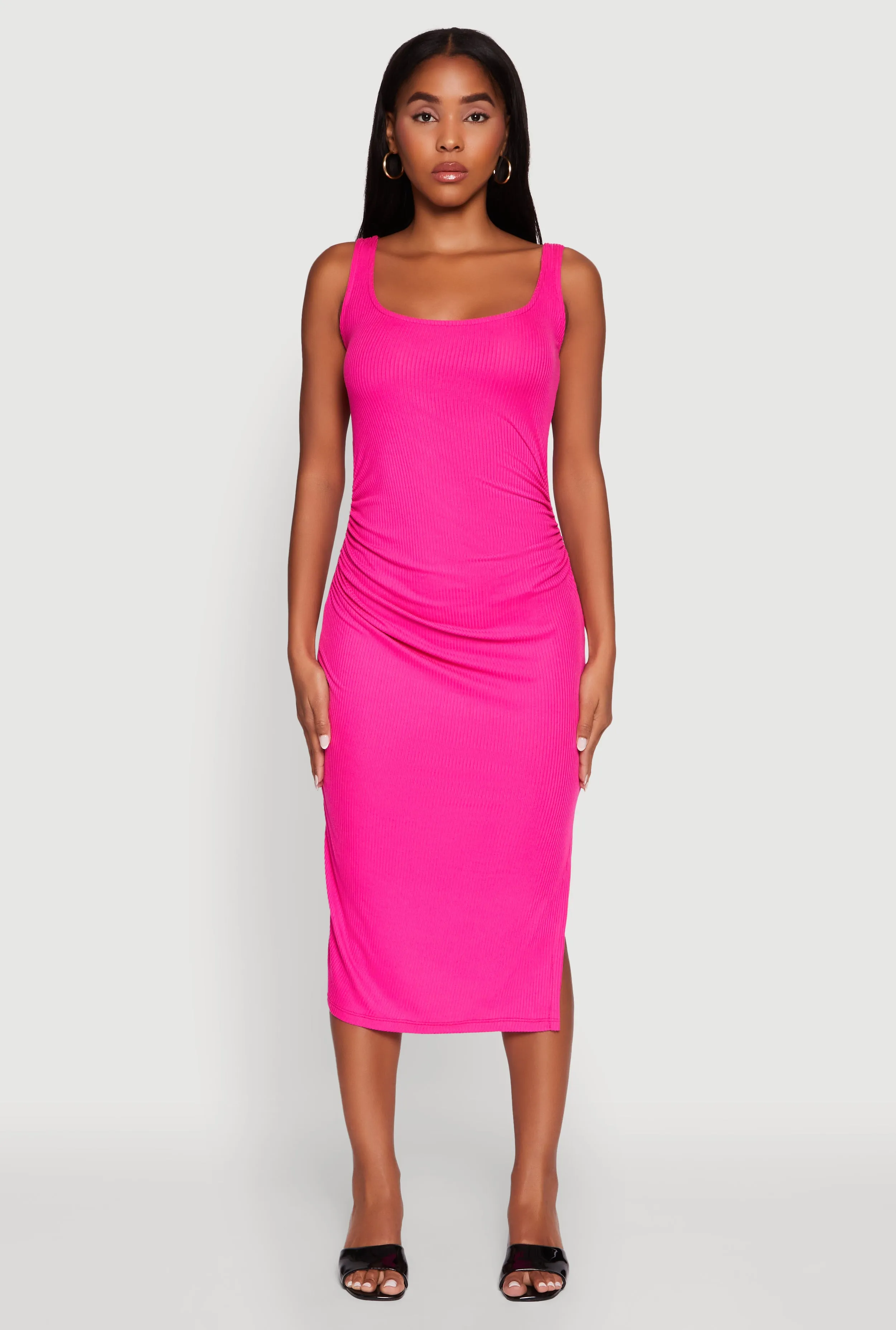 Rib Knit Side Slit Ruched Side Midi Dress Form Hugging