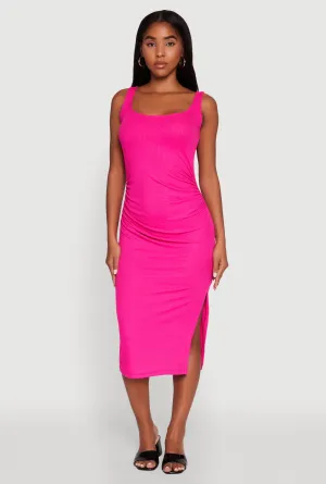 Ocean Breeze Rib Knit Side Slit Ruched Side Midi Dress