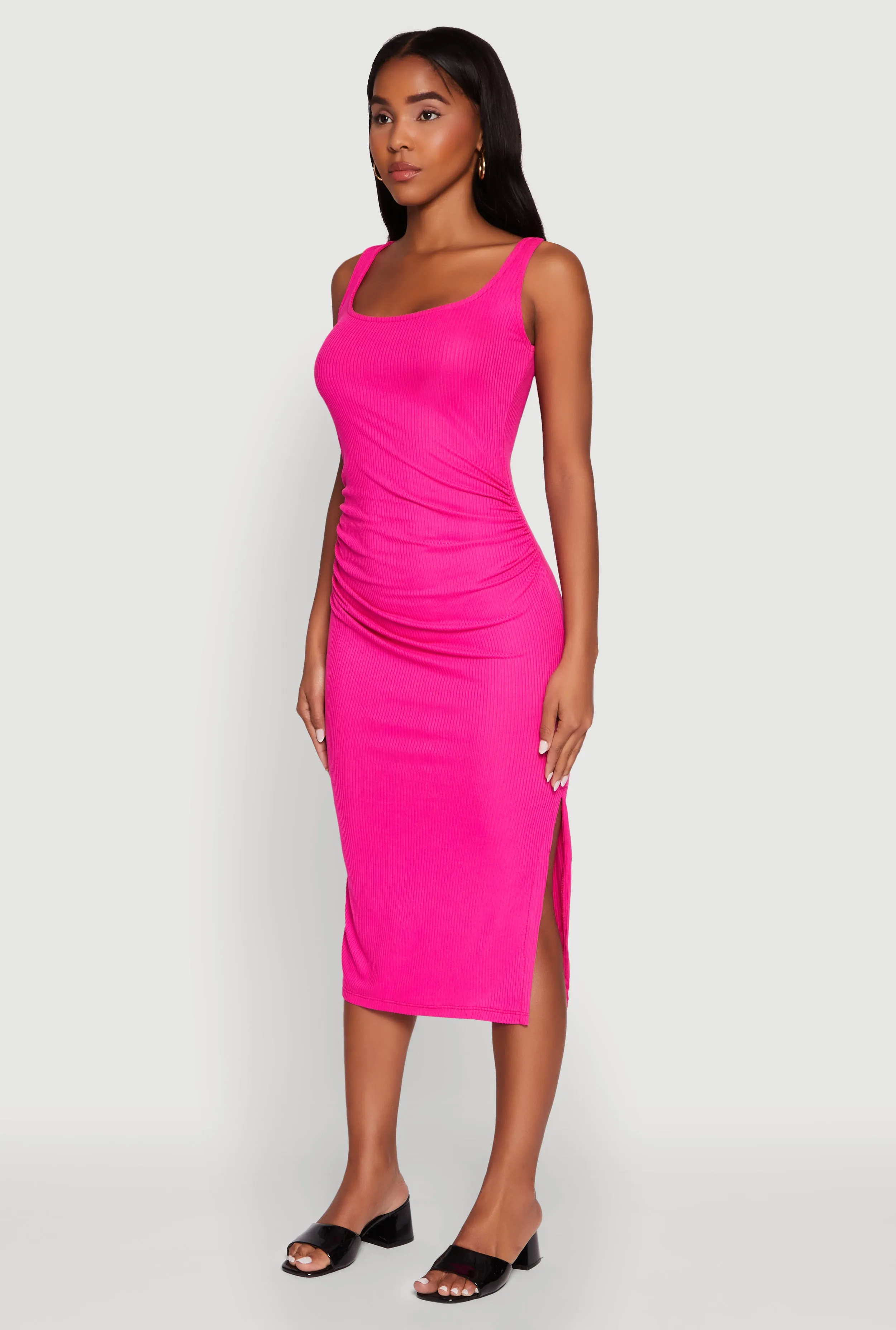 Sophisticated Design Rib Knit Side Slit Ruched Side Midi Dress