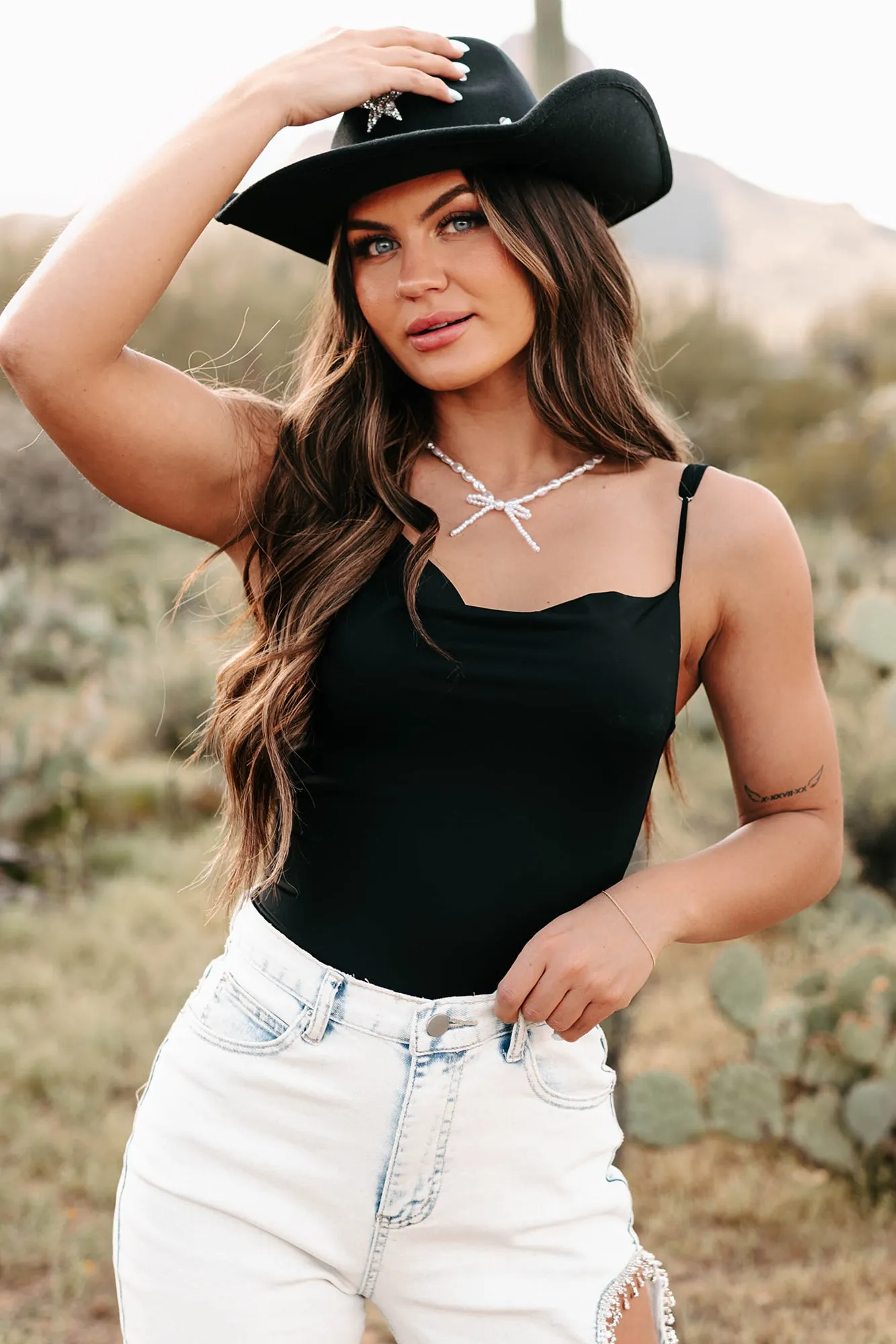 Cool & Controlled Cowl Neck Tank Bodysuit (Black) Luxury Beach