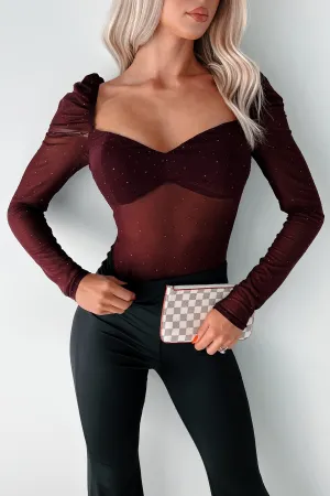 Easy To Remember Rhinestone Mesh Bodysuit (Dark Cherry) Indoor Smart Sharp Dancer