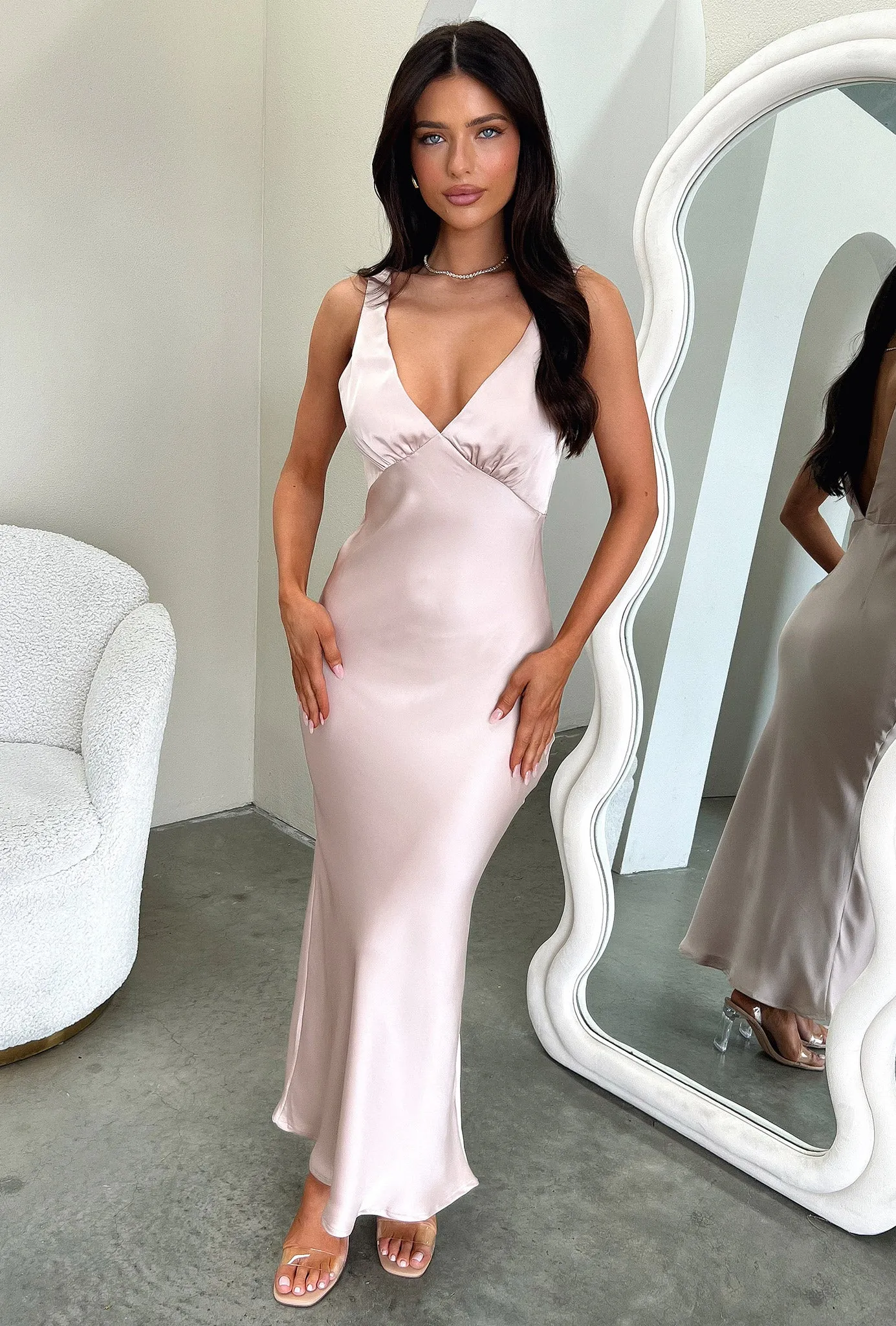 Delayne V-Neck Satin Midi Dress - Champagne Whether worn for a casual day out or an evening event this maxi dress always looks chic Breezy formal outfit