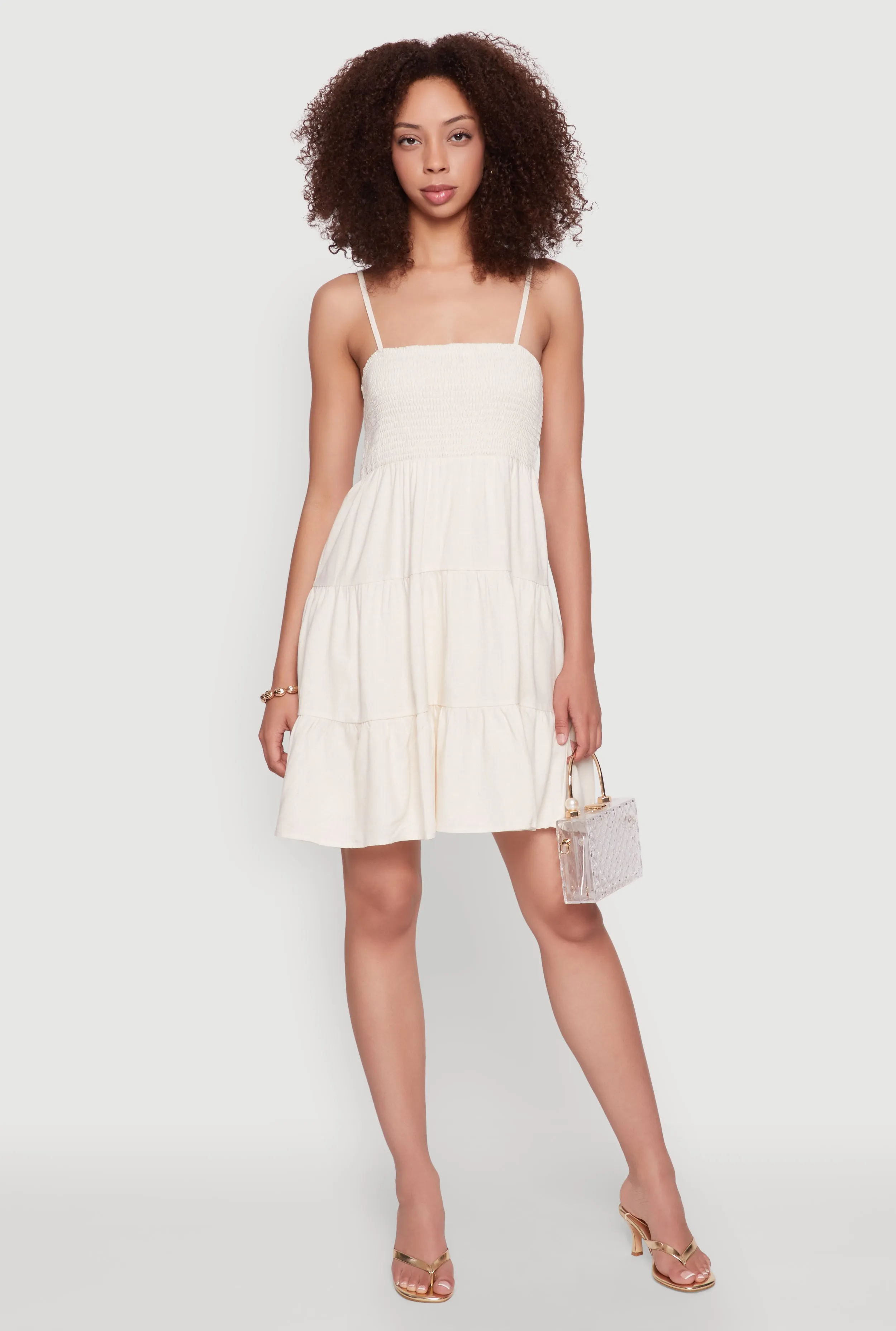 Madden Girl Linen Tiered Sundress with Smocked Square Neck Work Wear