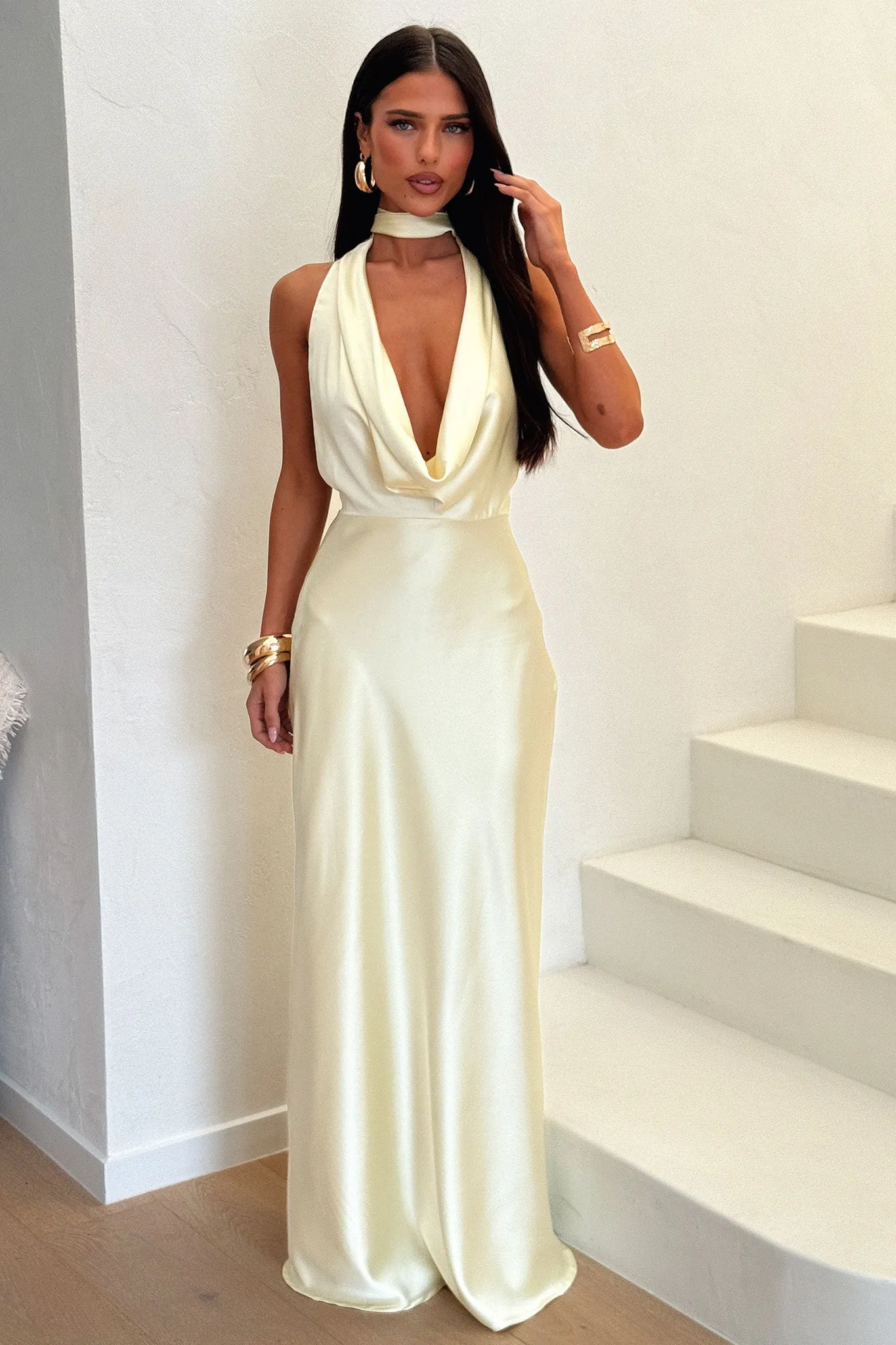 Bronze Tone Zealand Plunge Halter Satin Maxi Dress - Yellow