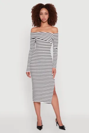 Stylish Outfit Candle Glow Striped Asymmetrical Fold Over Off The Shoulder Side Slit Dress