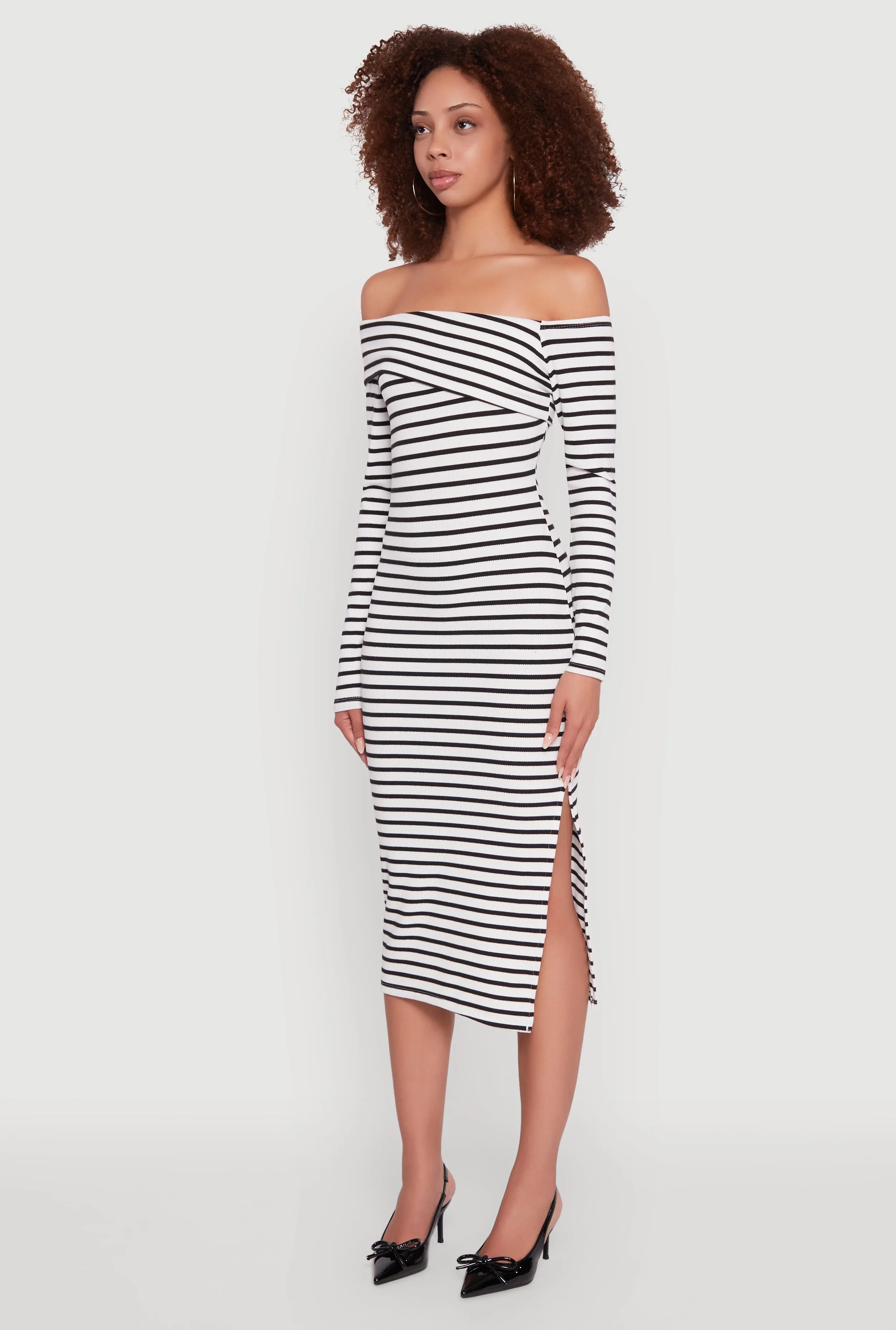 All Day bike lane Striped Asymmetrical Fold Over Off The Shoulder Side Slit Dress
