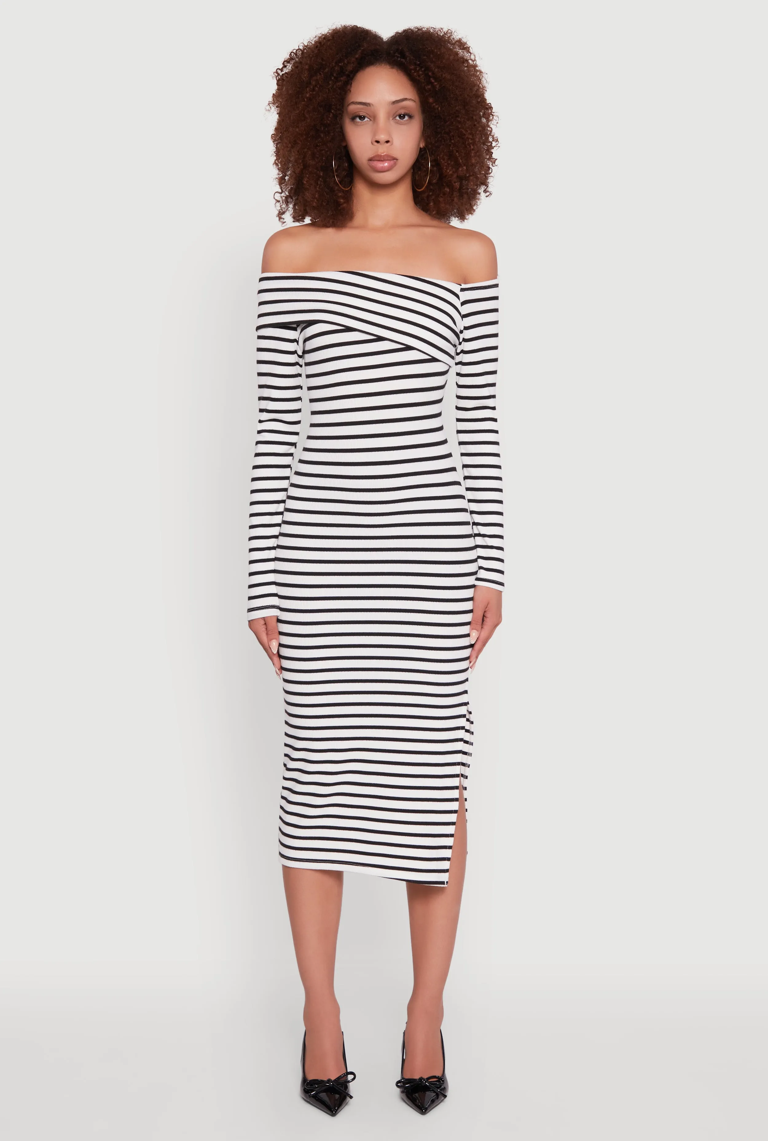 light layering Striped Asymmetrical Fold Over Off The Shoulder Side Slit Dress