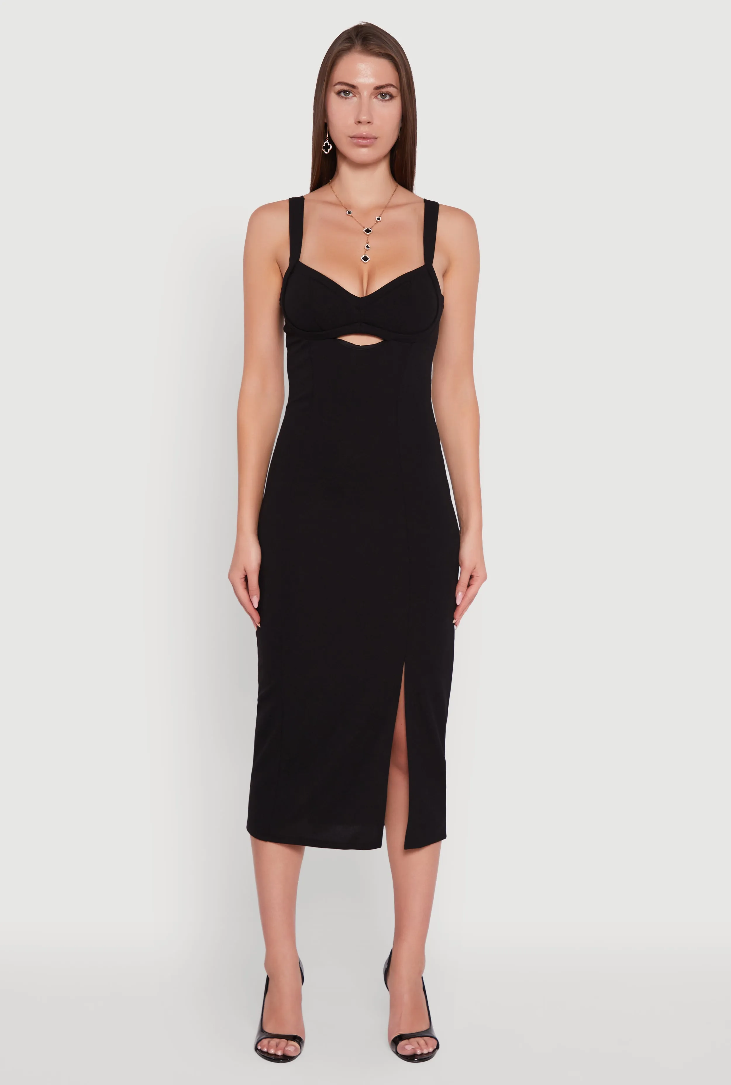 Sophisticated mid-calf gown Contemporary Look Padded Cups V Neck Midi Dress with Keyhole