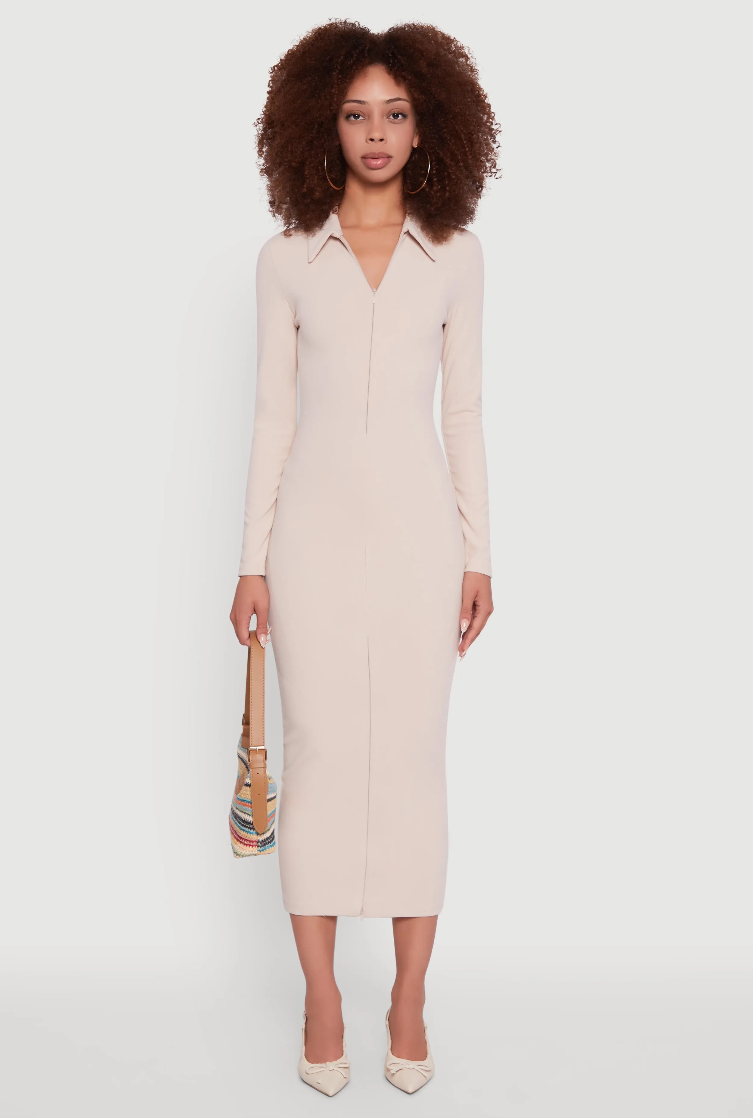 Dinner Date Collared Double Zip Front Midi Dress
