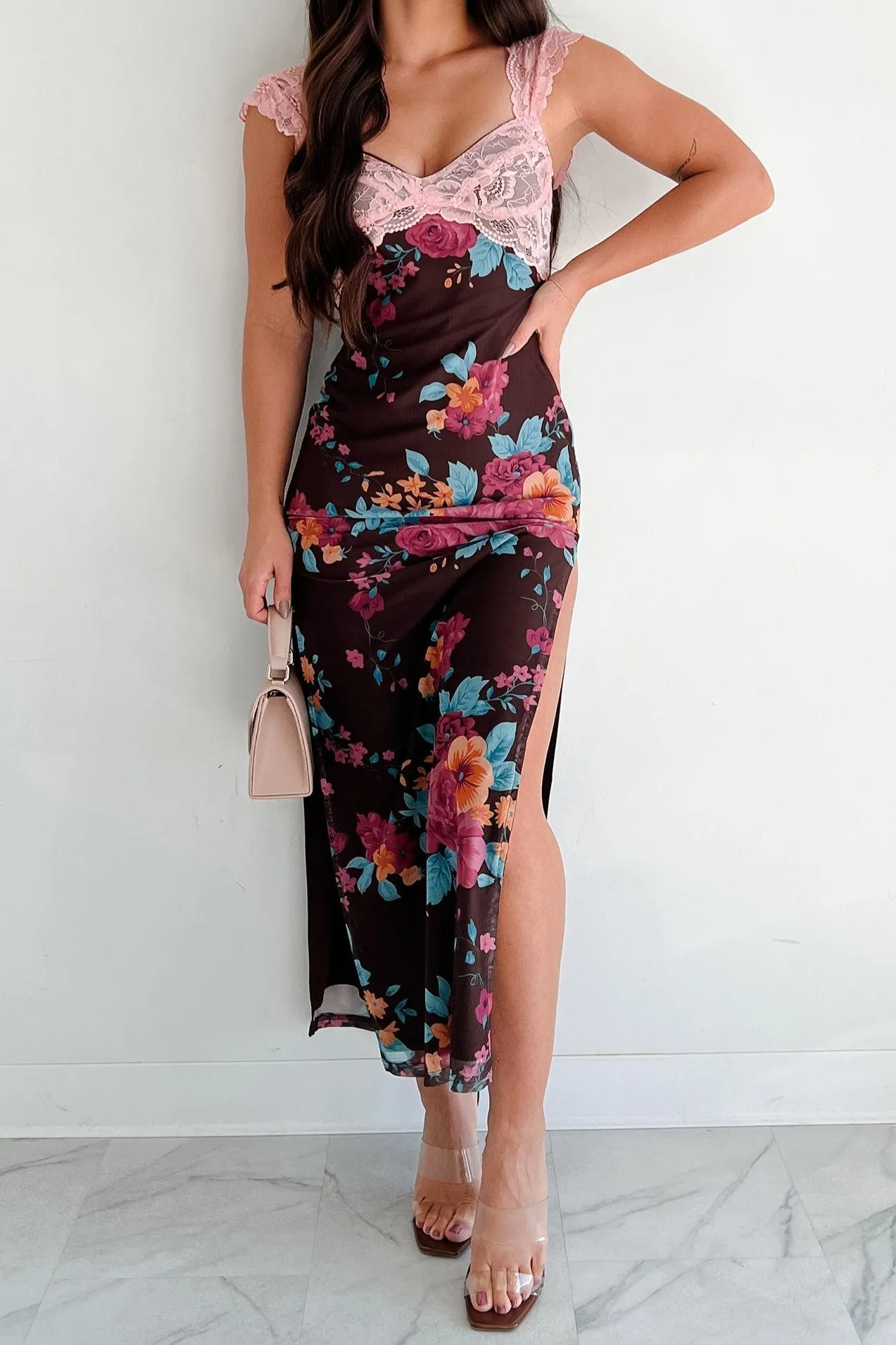 Beige Glow Saccharine Sweet Lace Detail Floral Mesh Maxi Dress (Mauve/Brown)