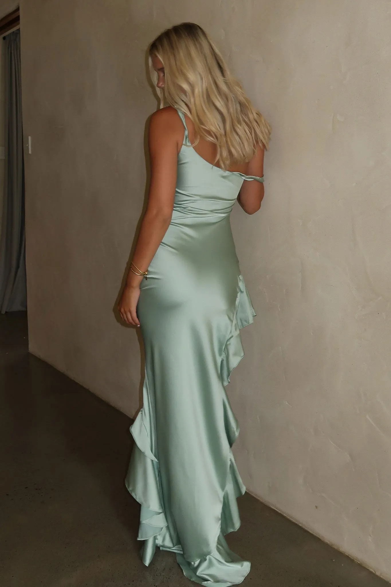 Window Glow Pearl Glow Daenerys Off Shoulder Satin Maxi Dress - Sage