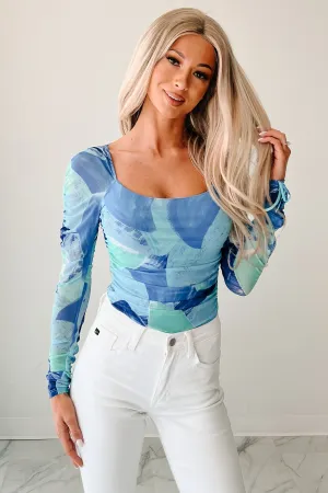 Cool Simple Faint Freshness Abstract Mesh Long Sleeve Bodysuit (Blue)