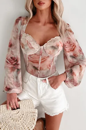 Minimal Guest Urban Travel Golden Hour Glow Mesh Sweetheart Floral Bodysuit (Cream)